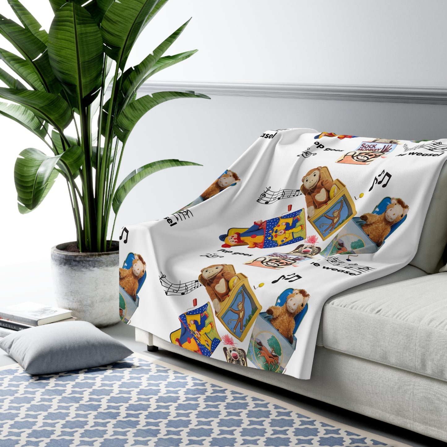 Sherpa Blanket with Playful Pop Goes the Weasel Toy Print — Cozy Kids Nursery Throw