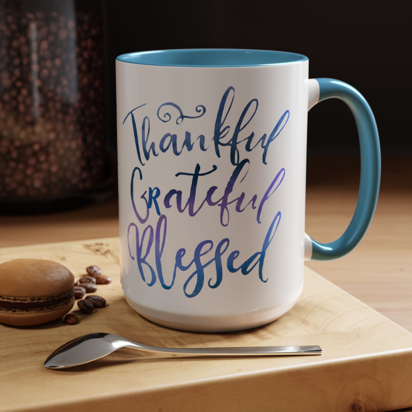 Thankful Grateful Blessed Accent Coffee Mug — Motivational message 15oz