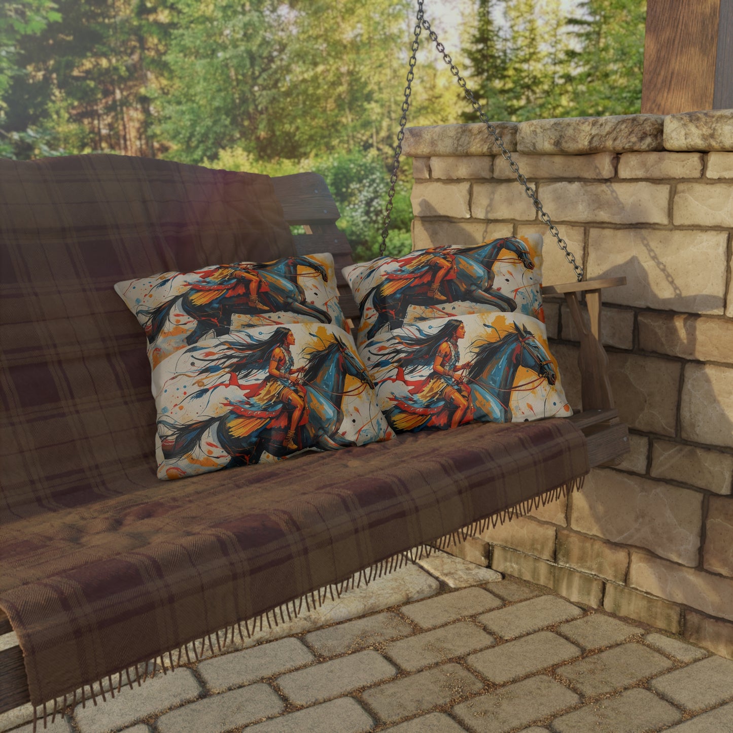American Native Warrior Horse Outdoor Pillow — Colorful Western Accent Cushion