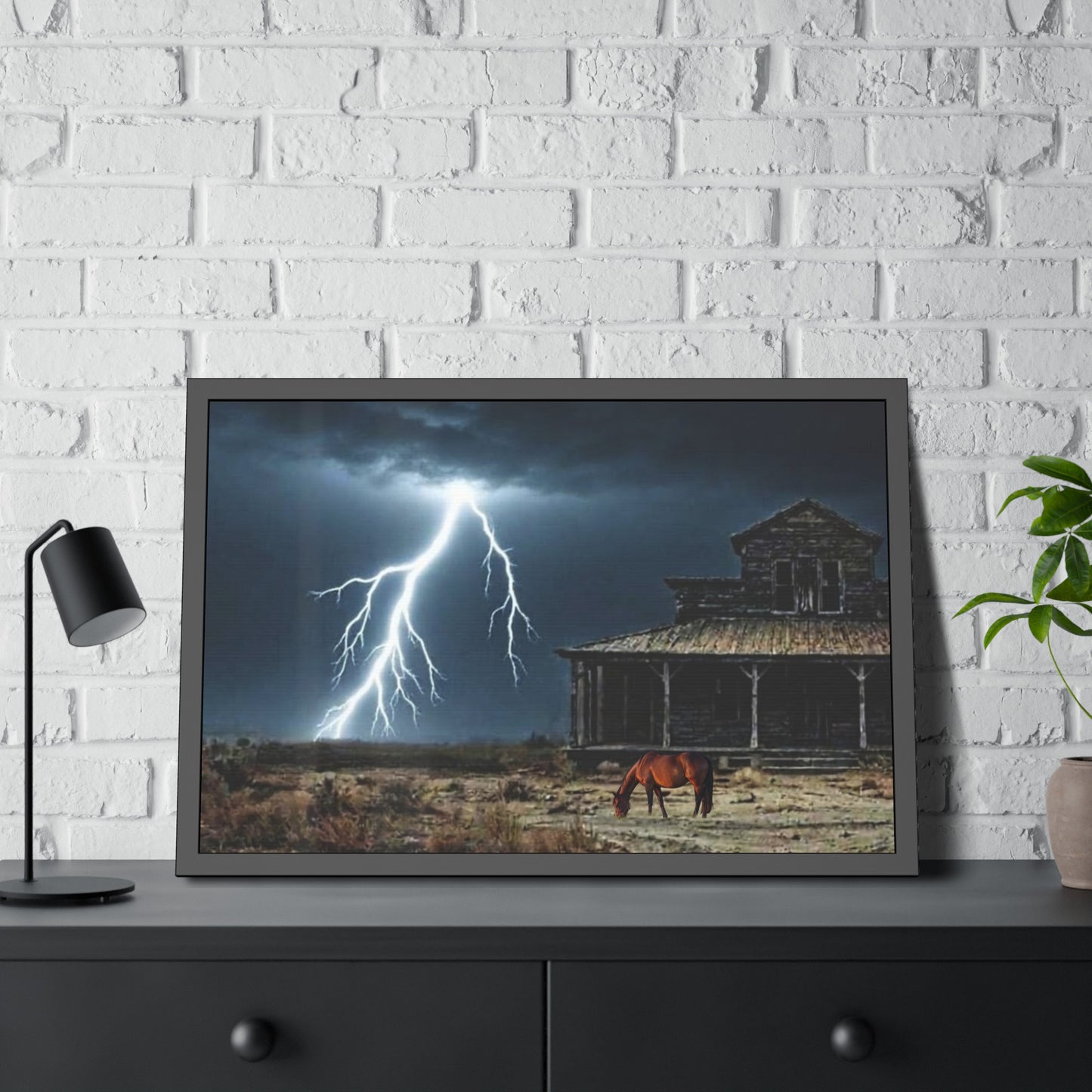 Framed Poster Lone Horse & Abandoned House Lightning Plains
