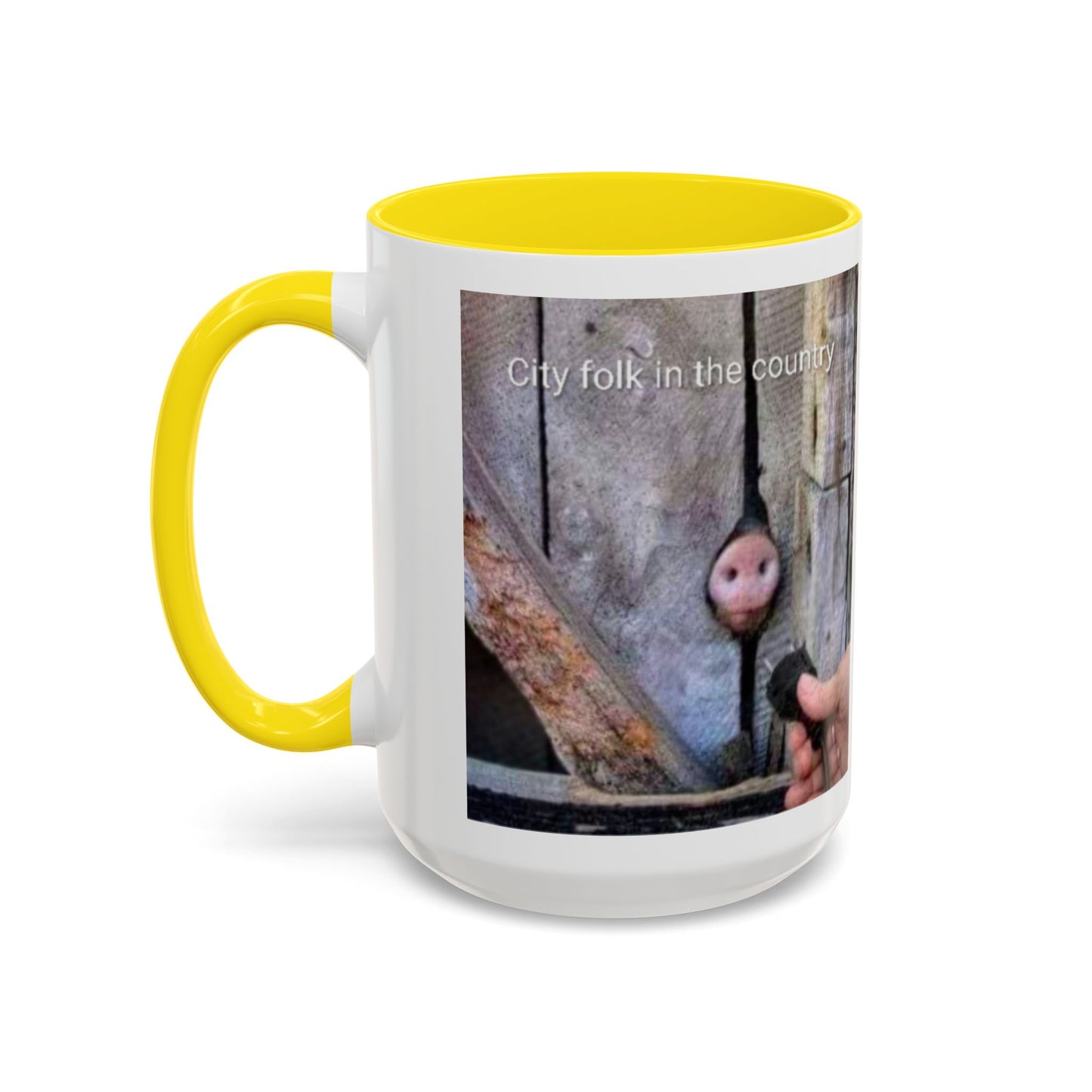 Accent Coffee Mug — “City folk in the country” Rustic Wooden Door Art Mug