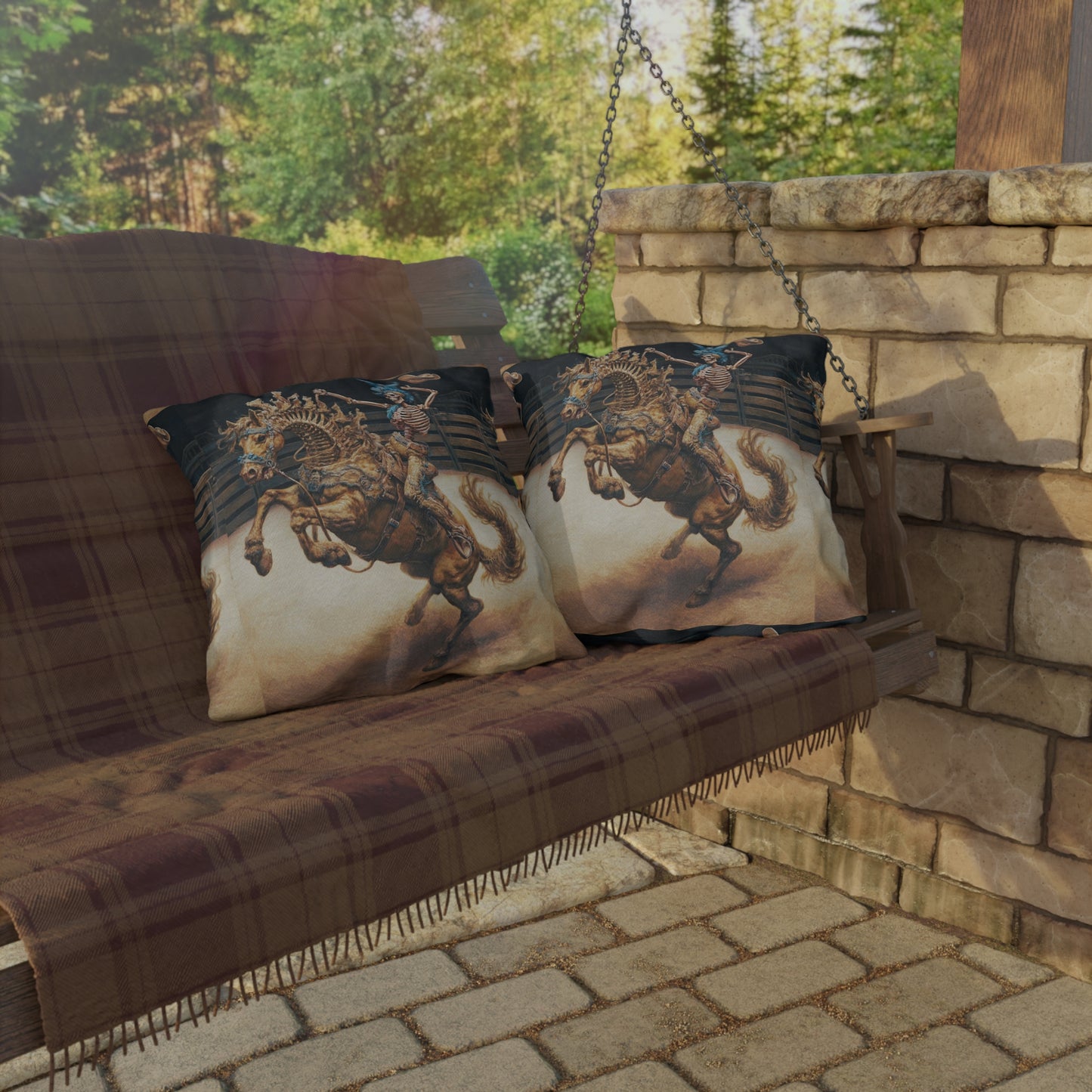 Skeleton Bucking Horse Cowboy Outdoor Pillow | Western Skull Rodeo Throw Pillow