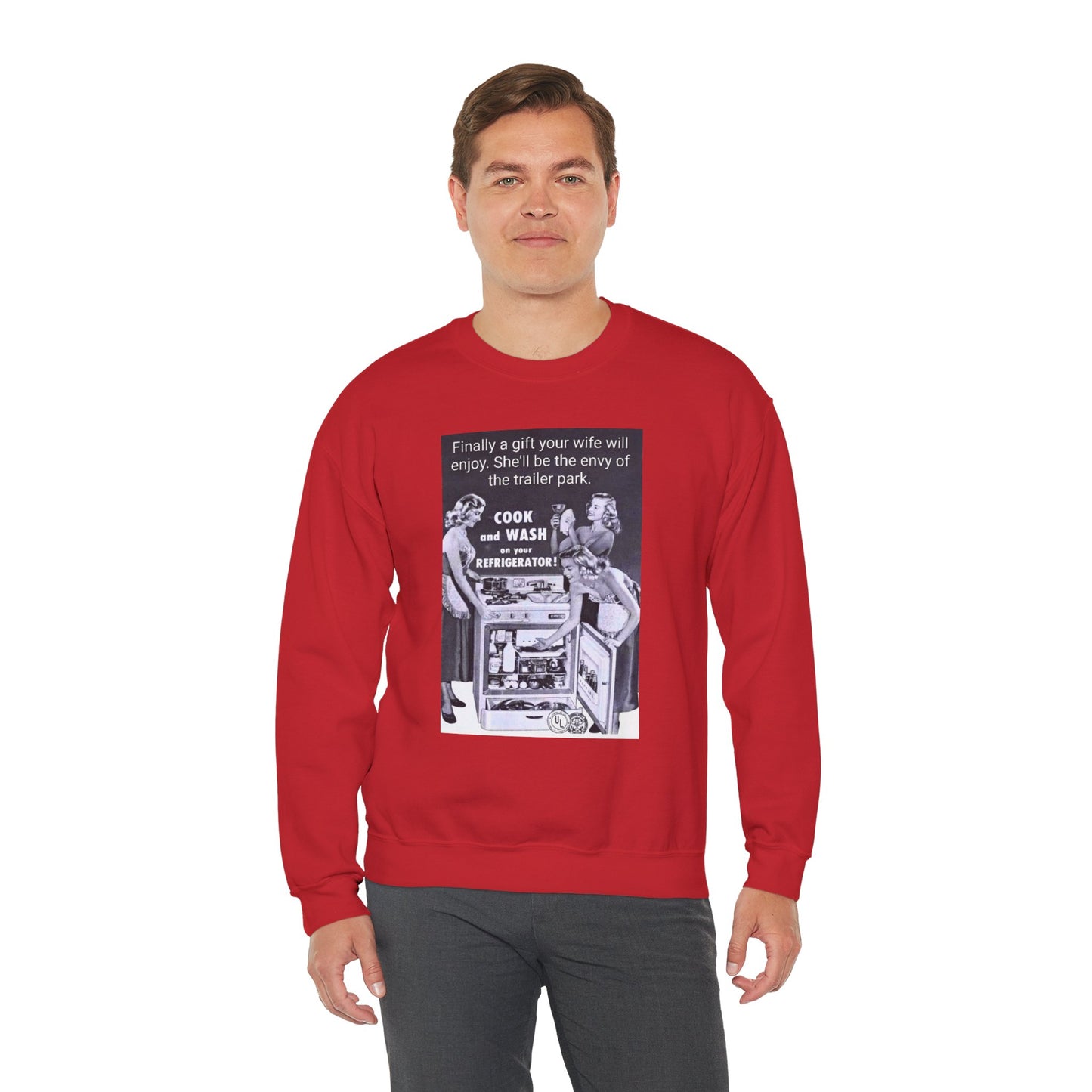 She'll be the envy of the trailer park Vintage Kitchen Ad Sweatshirt - "Cook and Wash Refrigerator" Retro Graphic Crewneck