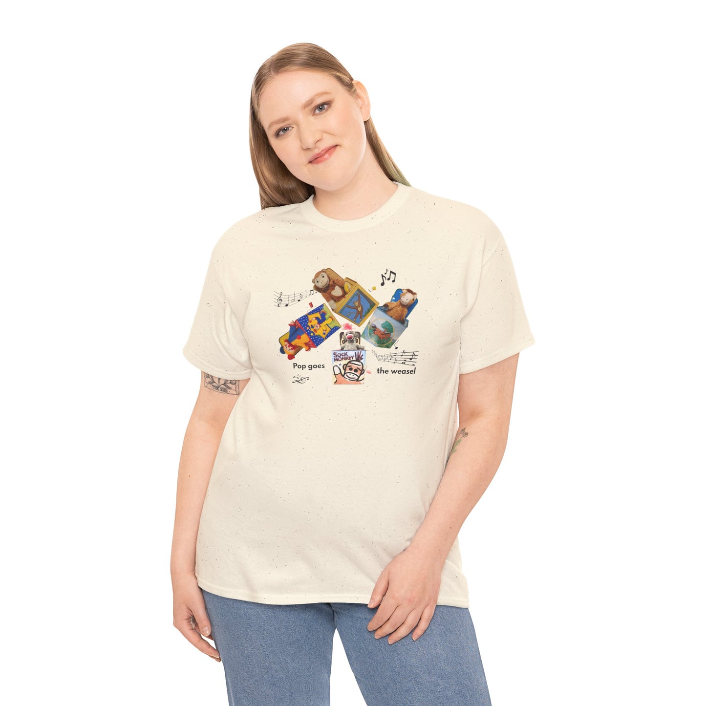 Sock Monkey Collage Tee — 'Pop Goes the Weasel' Retro Dog Music T-Shirt