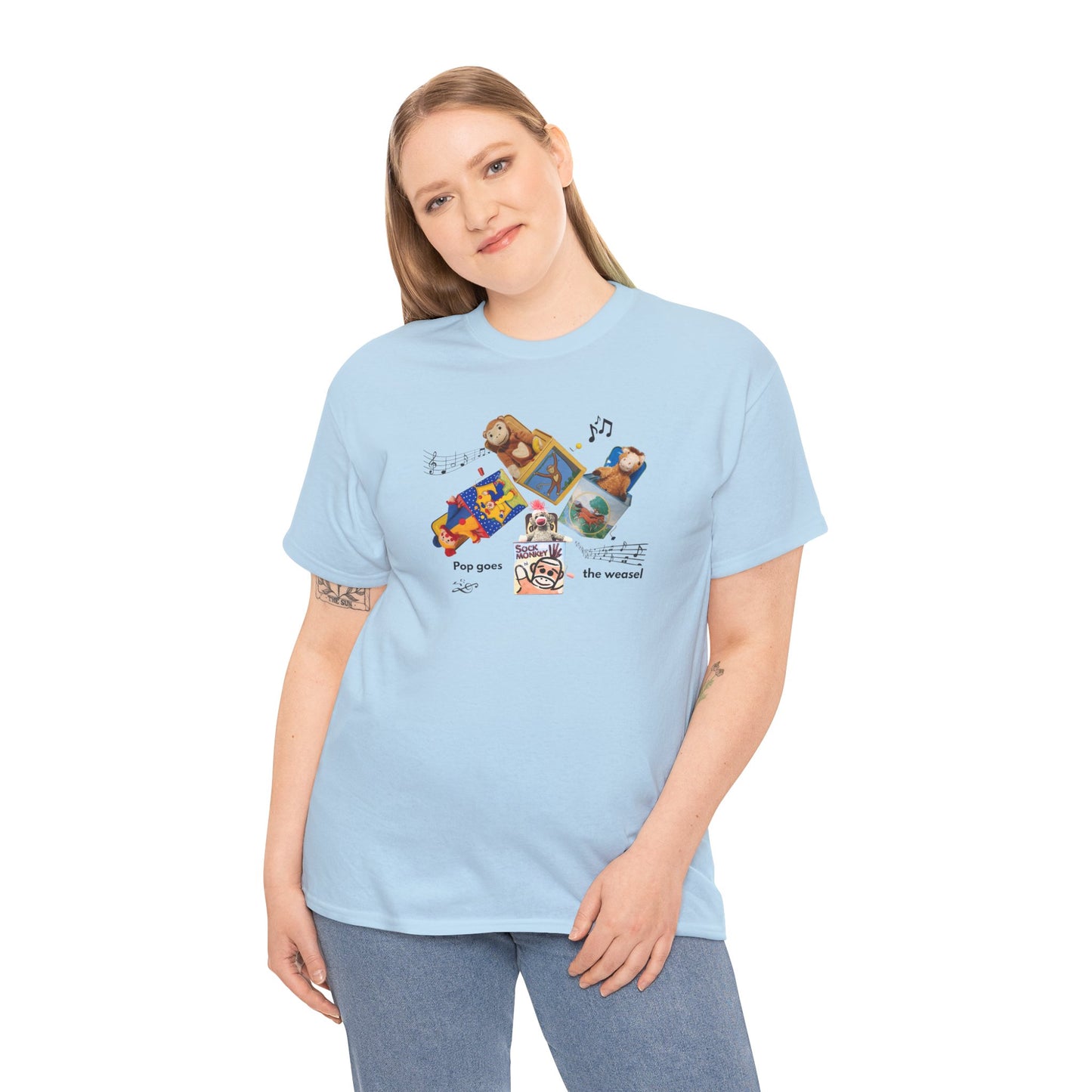 Sock Monkey Collage Tee — 'Pop Goes the Weasel' Retro Dog Music T-Shirt