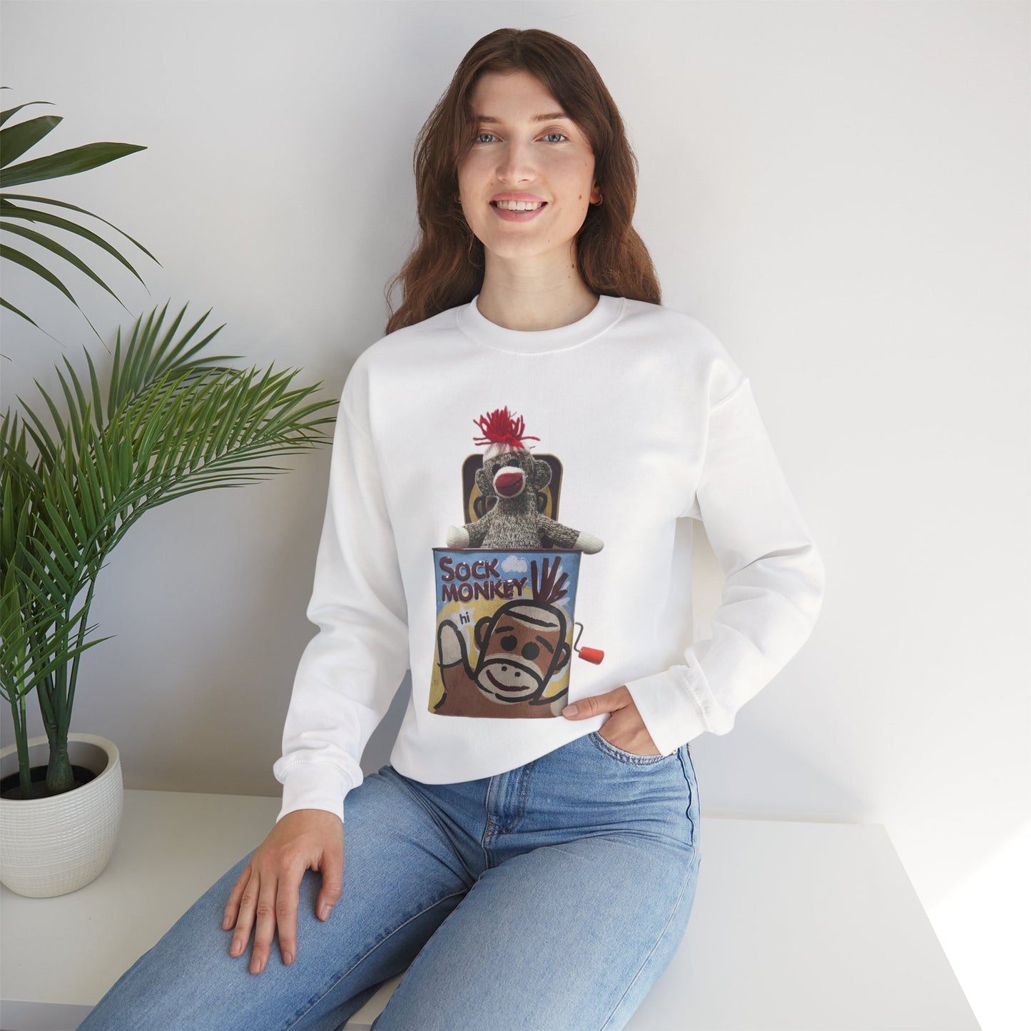 Vintage Sock Monkey Sweatshirt — Retro "Pop Goes the Weasel" Plush Design