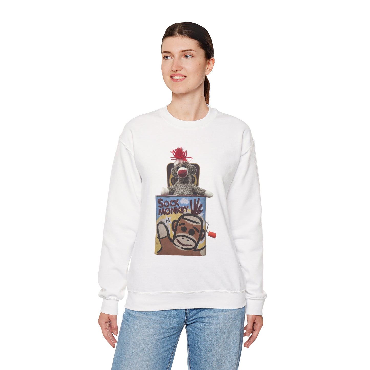 Vintage Sock Monkey Sweatshirt — Retro "Pop Goes the Weasel" Plush Design