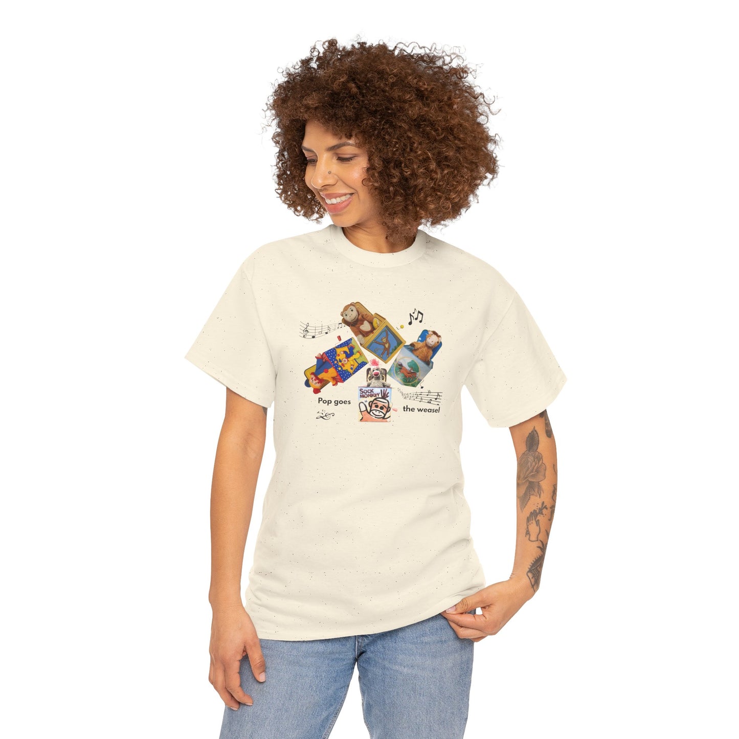 Sock Monkey Collage Tee — 'Pop Goes the Weasel' Retro Dog Music T-Shirt