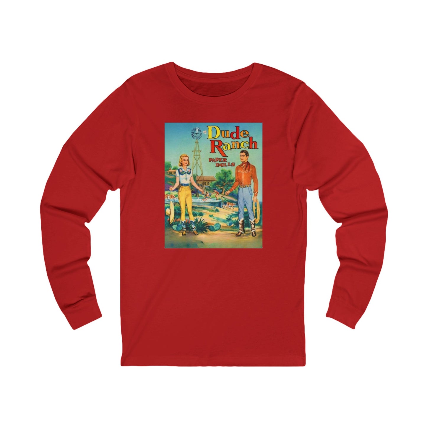 Dude Ranch Paper Doll Cut Out Vintage Western Long Sleeve Tee — Retro Cowboy Paper Doll Design