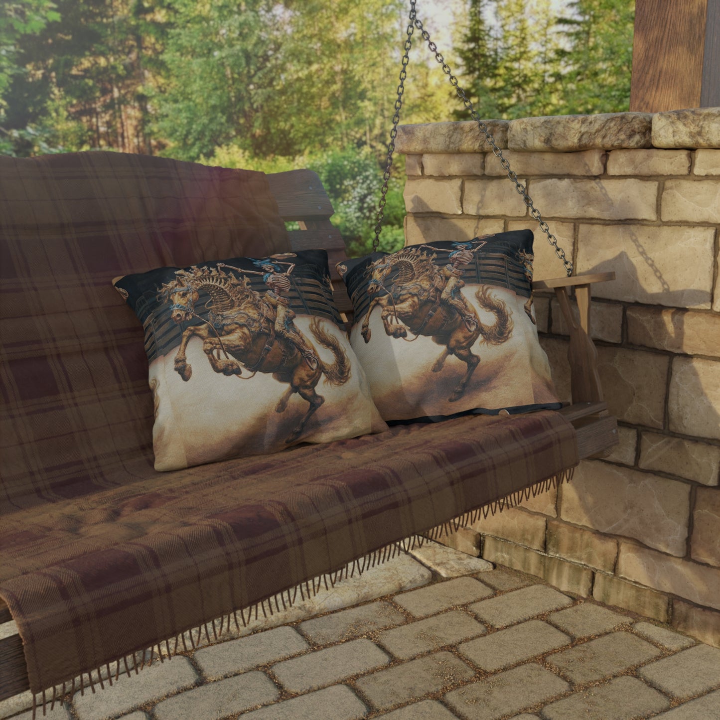 Skeleton Bucking Horse Cowboy Outdoor Pillow | Western Skull Rodeo Throw Pillow