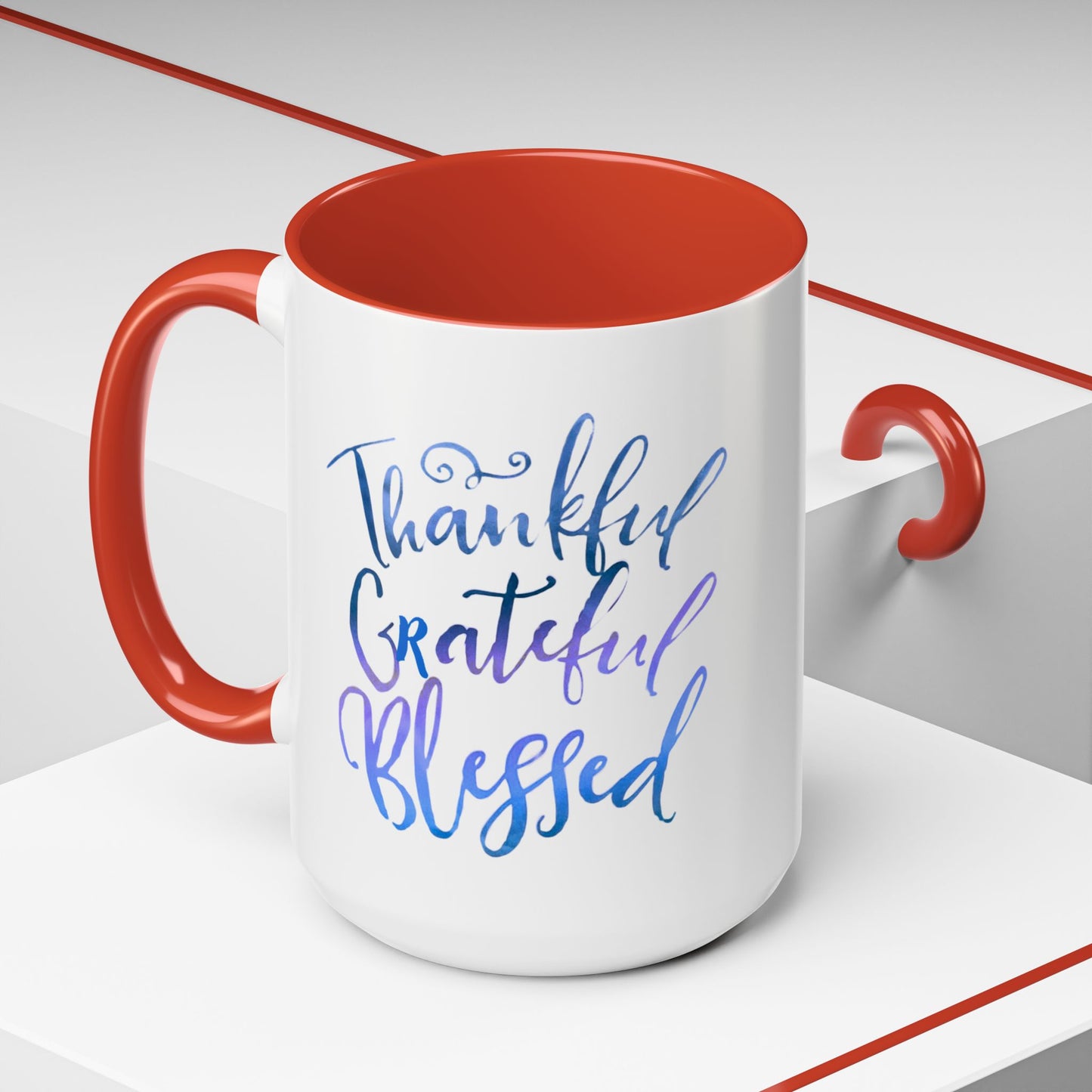 Thankful Grateful Blessed Accent Coffee Mug — Inspirational Ceramic Cup (11/15oz)