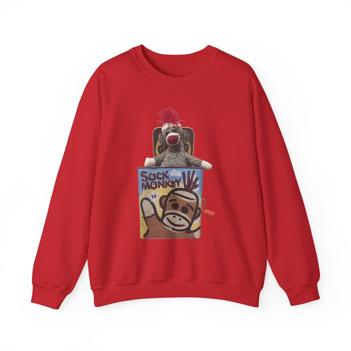Vintage Sock Monkey Sweatshirt — Retro "Pop Goes the Weasel" Plush Design