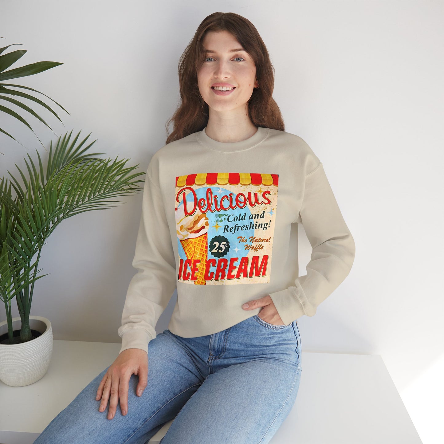 Ice Cream Vintage Sign Crewneck Sweatshirt — "Delicious Ice Cream 25" Retro Graphic