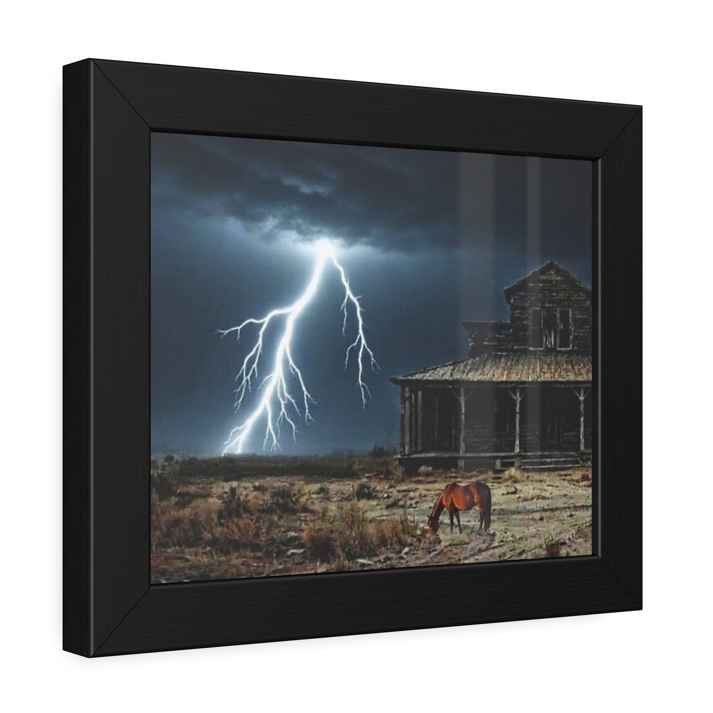 Framed Poster  Lone Horse & Abandoned House Lightning Plains