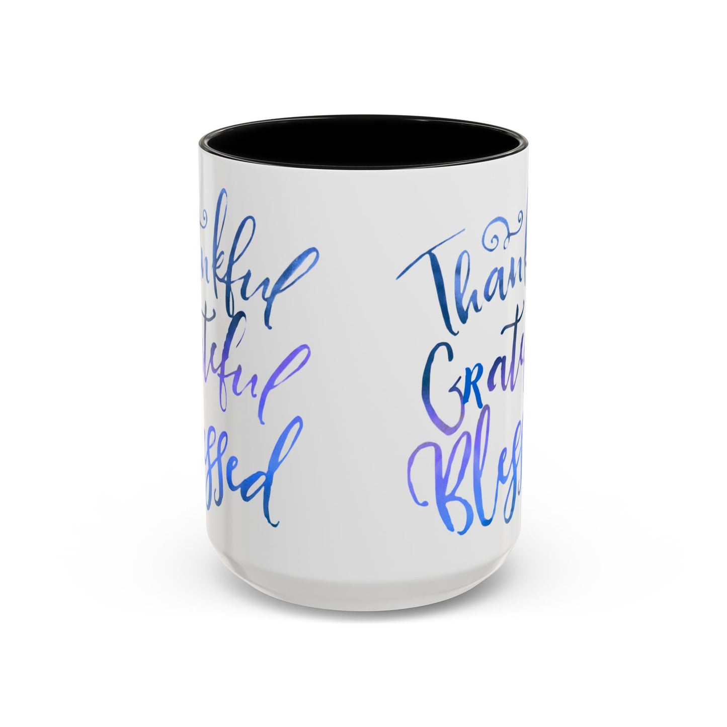 Thankful Grateful Blessed Accent Coffee Mug — Motivational message 15oz