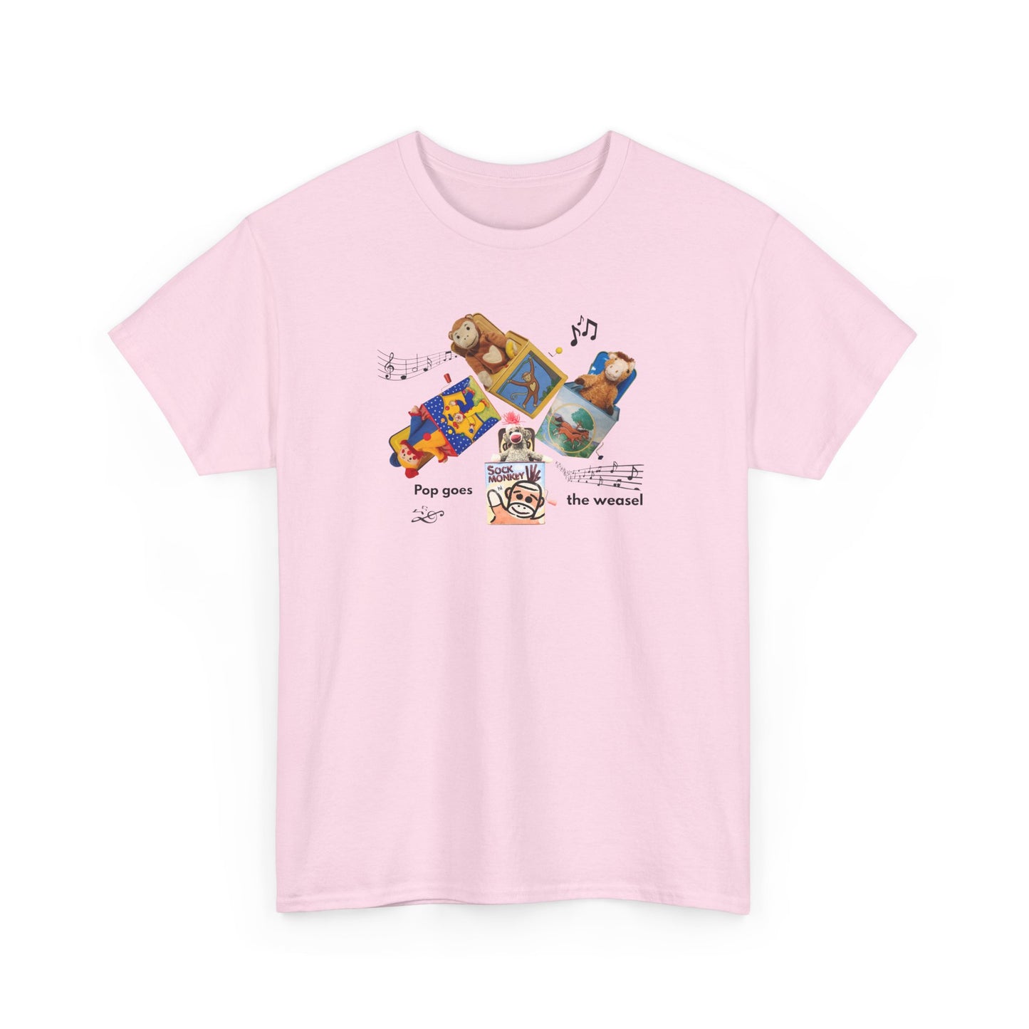 Sock Monkey Collage Tee — 'Pop Goes the Weasel' Retro Dog Music T-Shirt