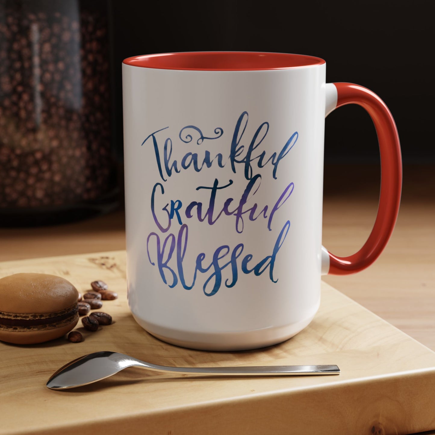 Thankful Grateful Blessed Accent Coffee Mug — Inspirational Ceramic Cup (11/15oz)
