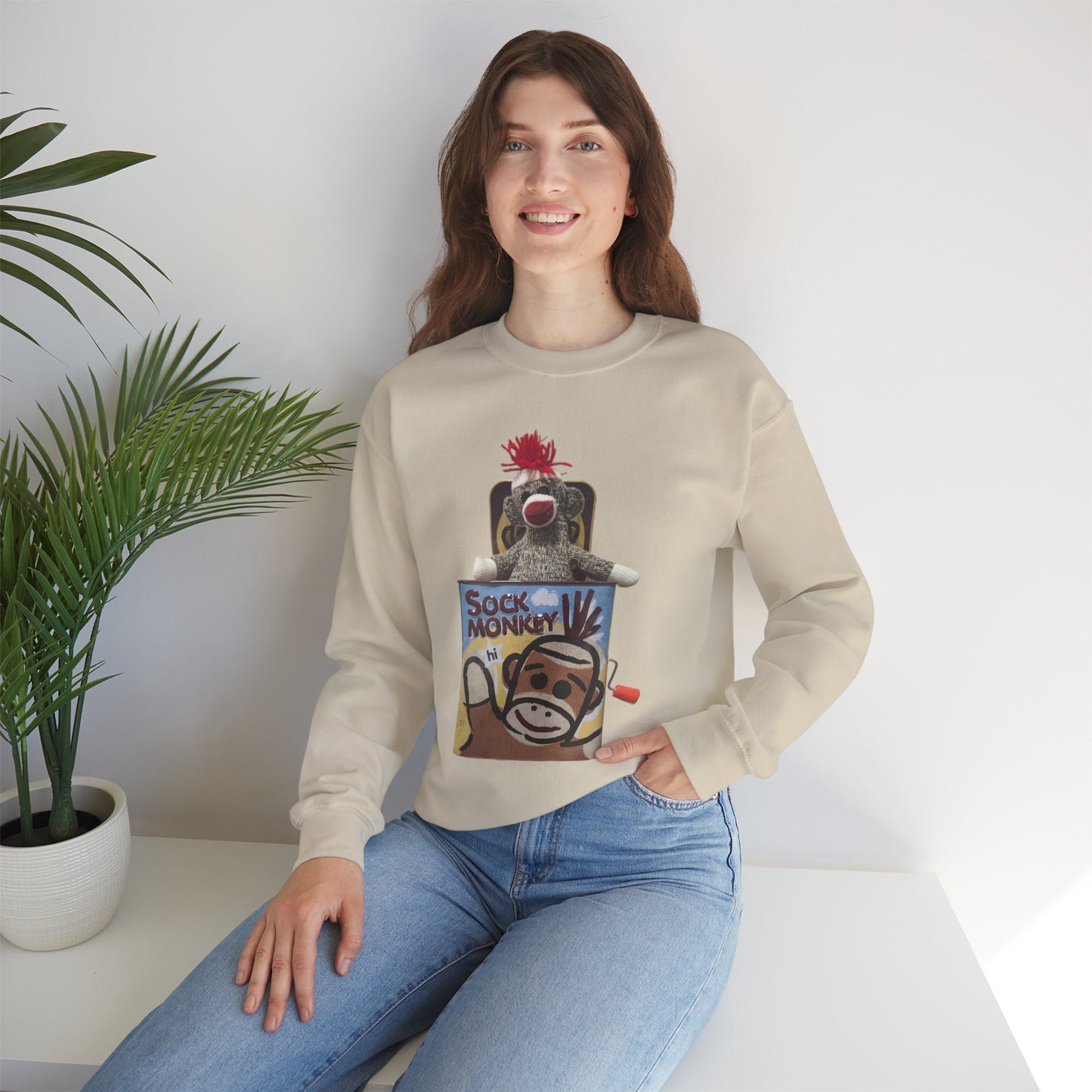 Vintage Sock Monkey Sweatshirt — Retro "Pop Goes the Weasel" Plush Design