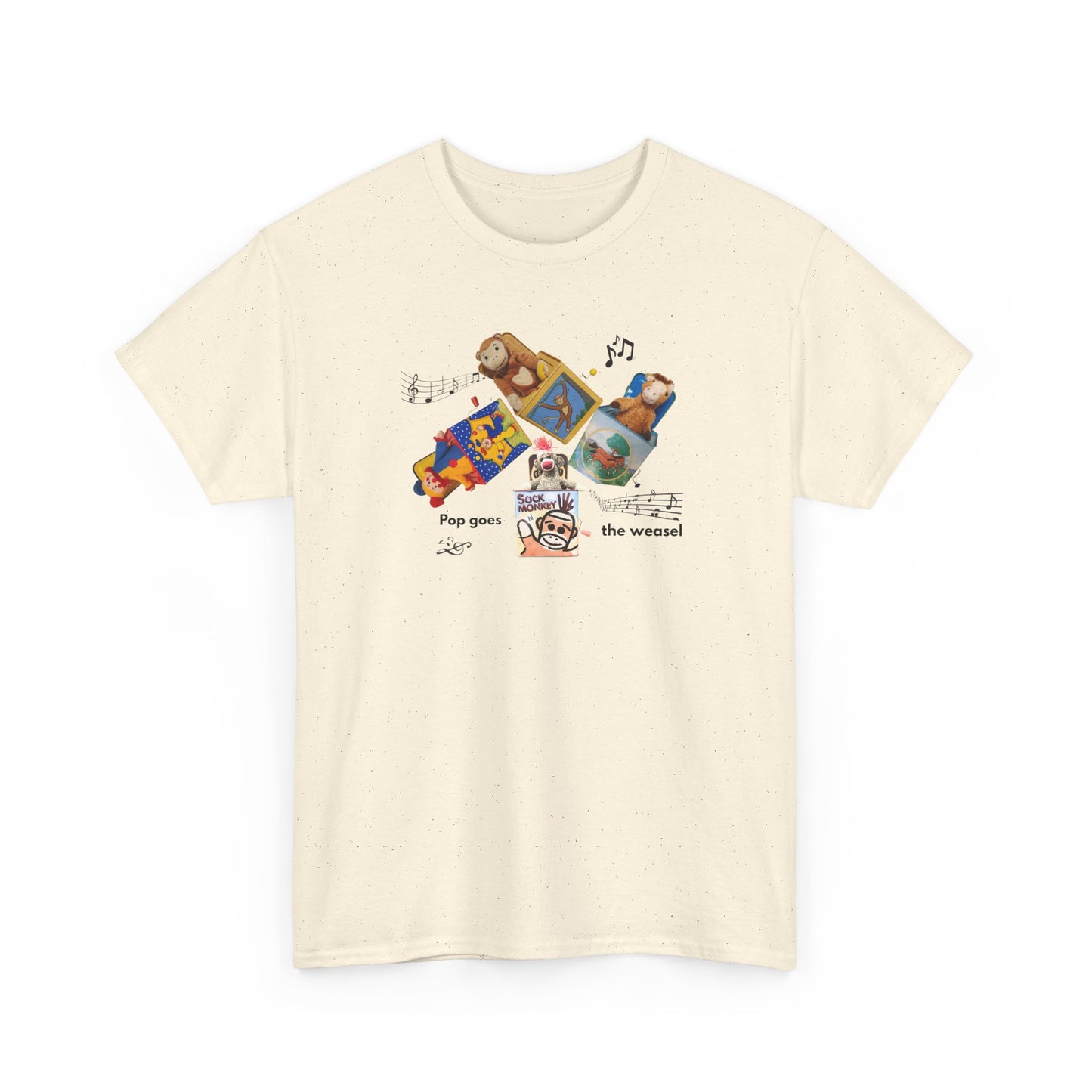 Sock Monkey Collage Tee — 'Pop Goes the Weasel' Retro Dog Music T-Shirt