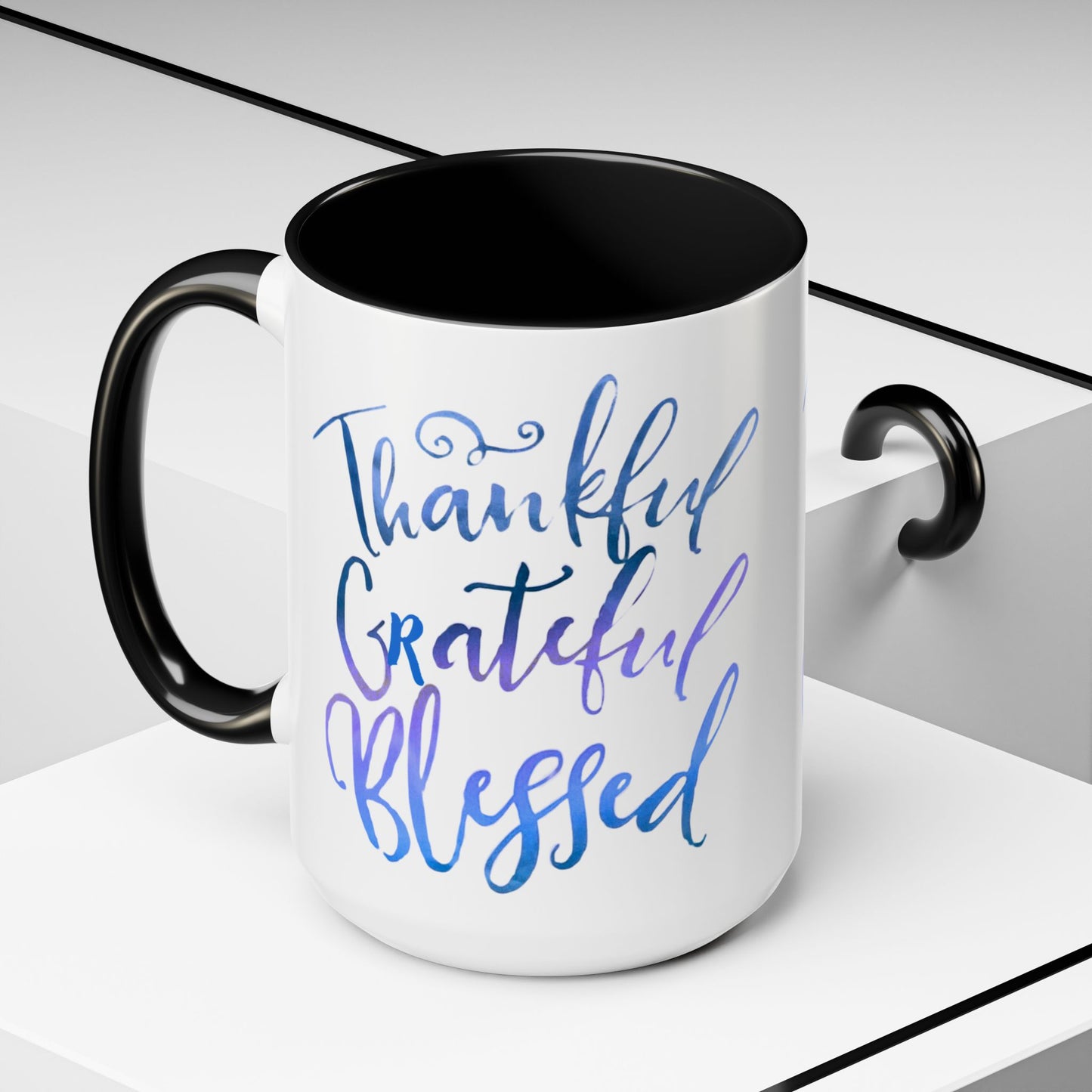 Thankful Grateful Blessed Accent Coffee Mug — Motivational message 15oz