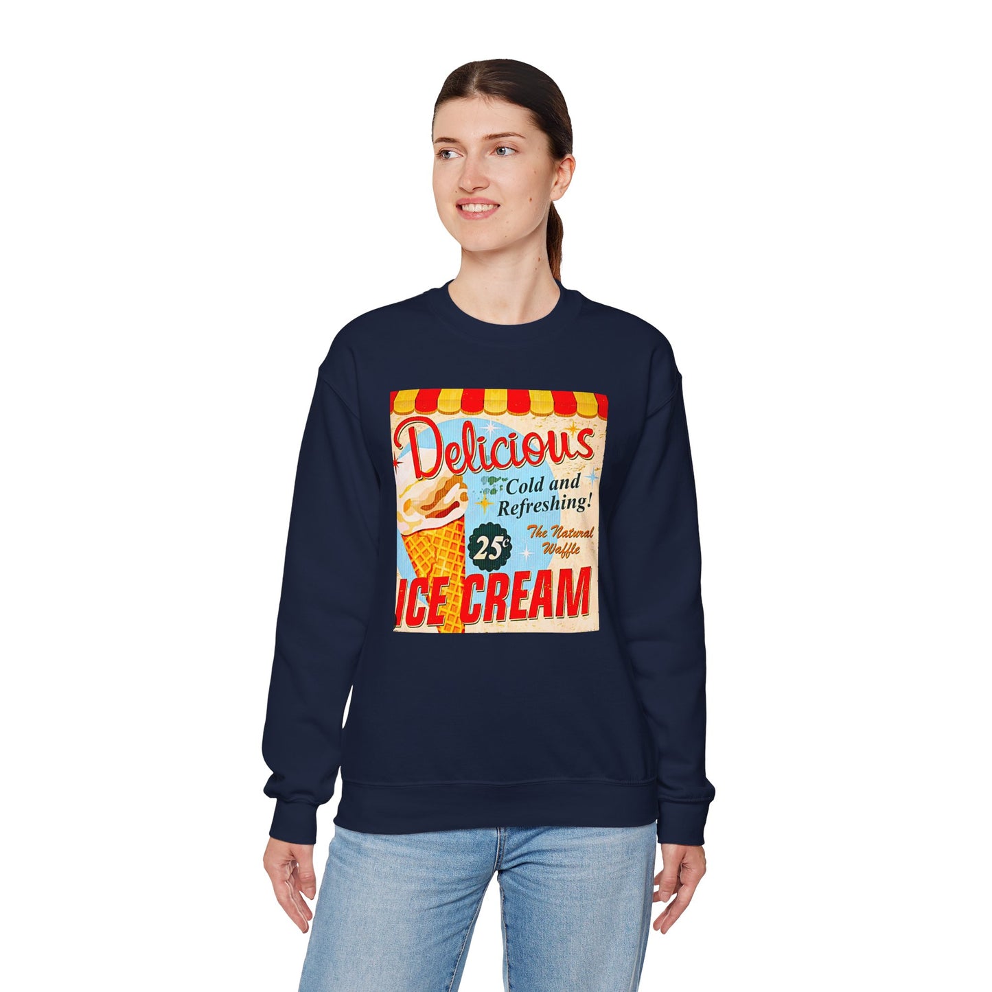 Ice Cream Vintage Sign Crewneck Sweatshirt — "Delicious Ice Cream 25" Retro Graphic