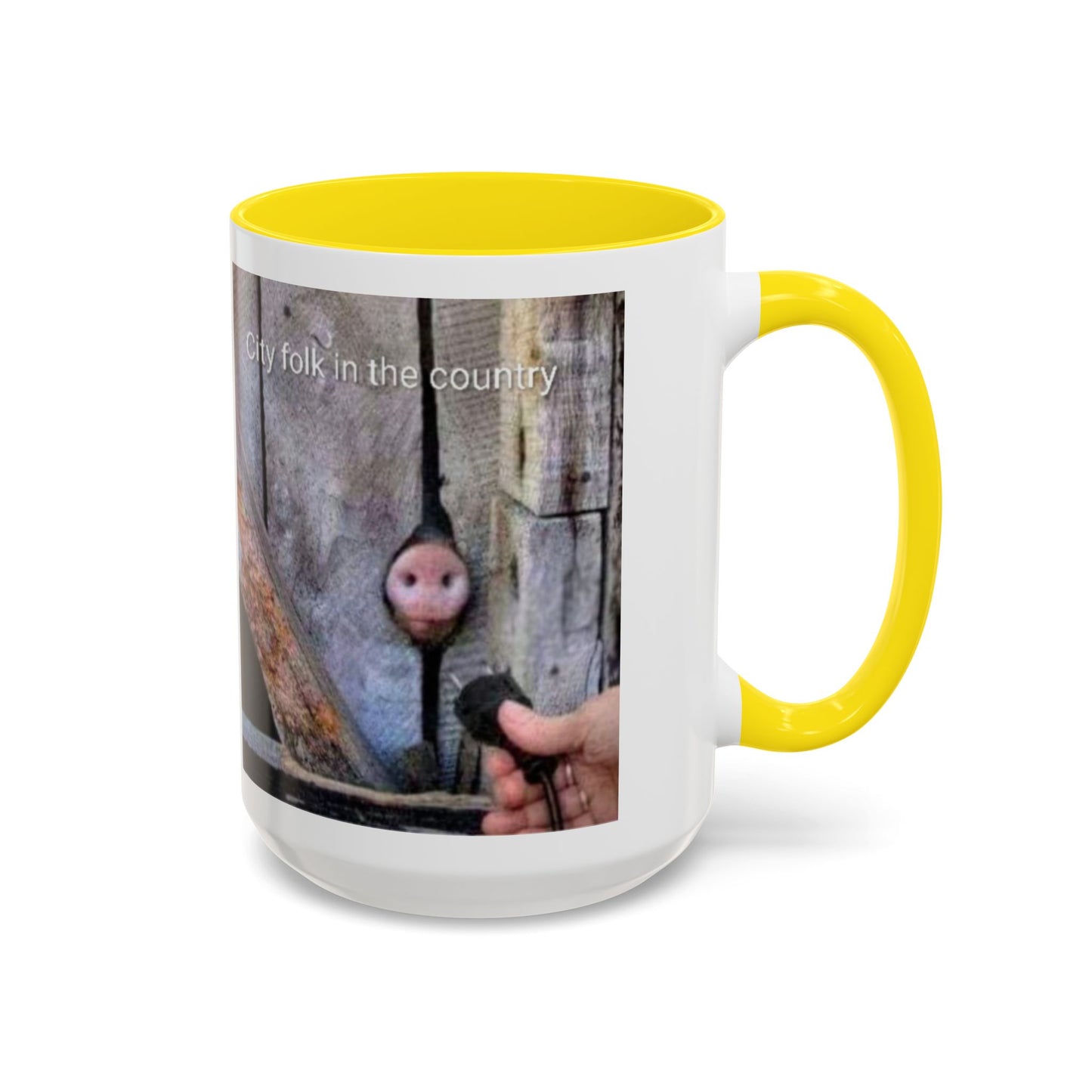 Accent Coffee Mug — “City folk in the country” Rustic Wooden Door Art Mug
