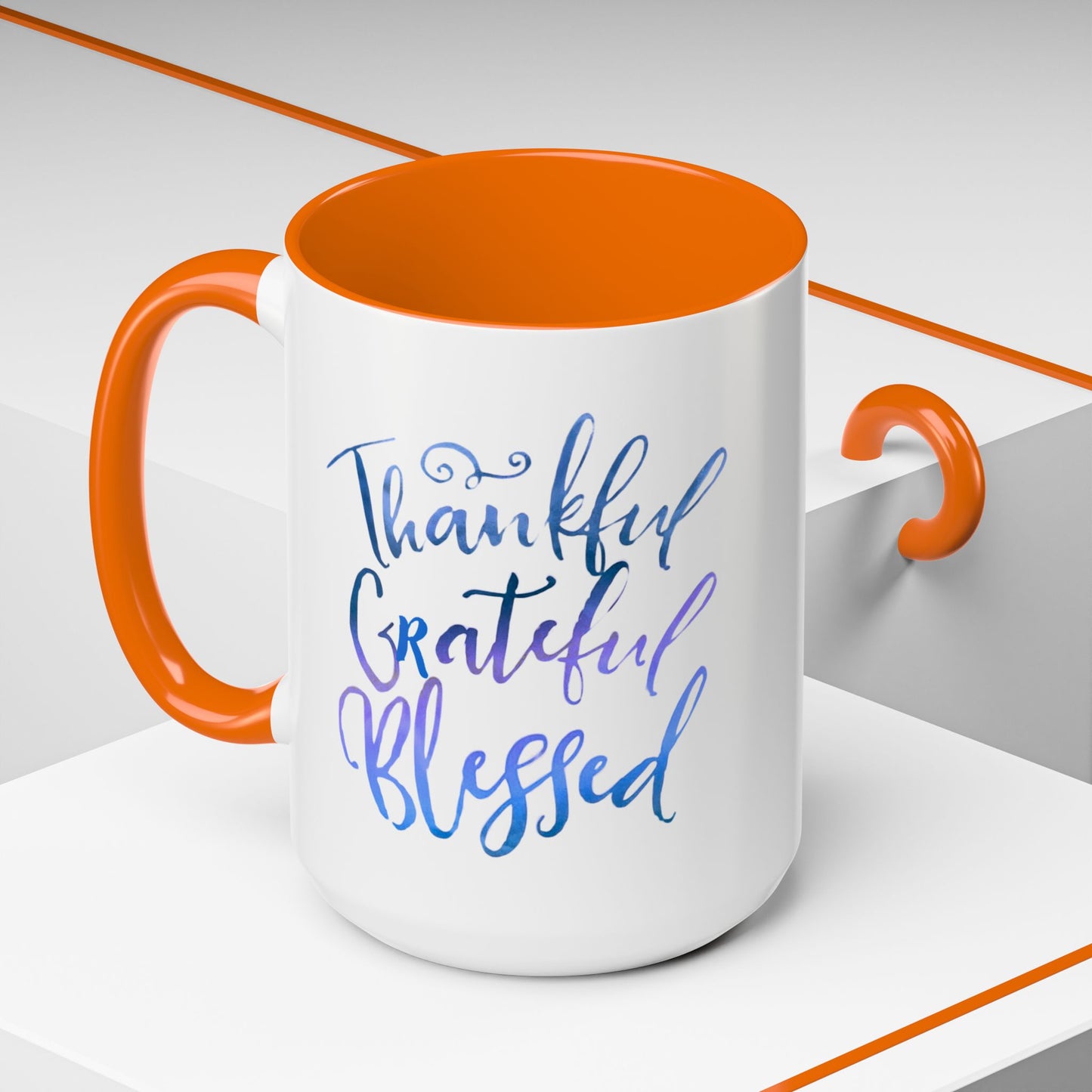 Thankful Grateful Blessed Accent Coffee Mug — Inspirational Ceramic Cup (11/15oz)