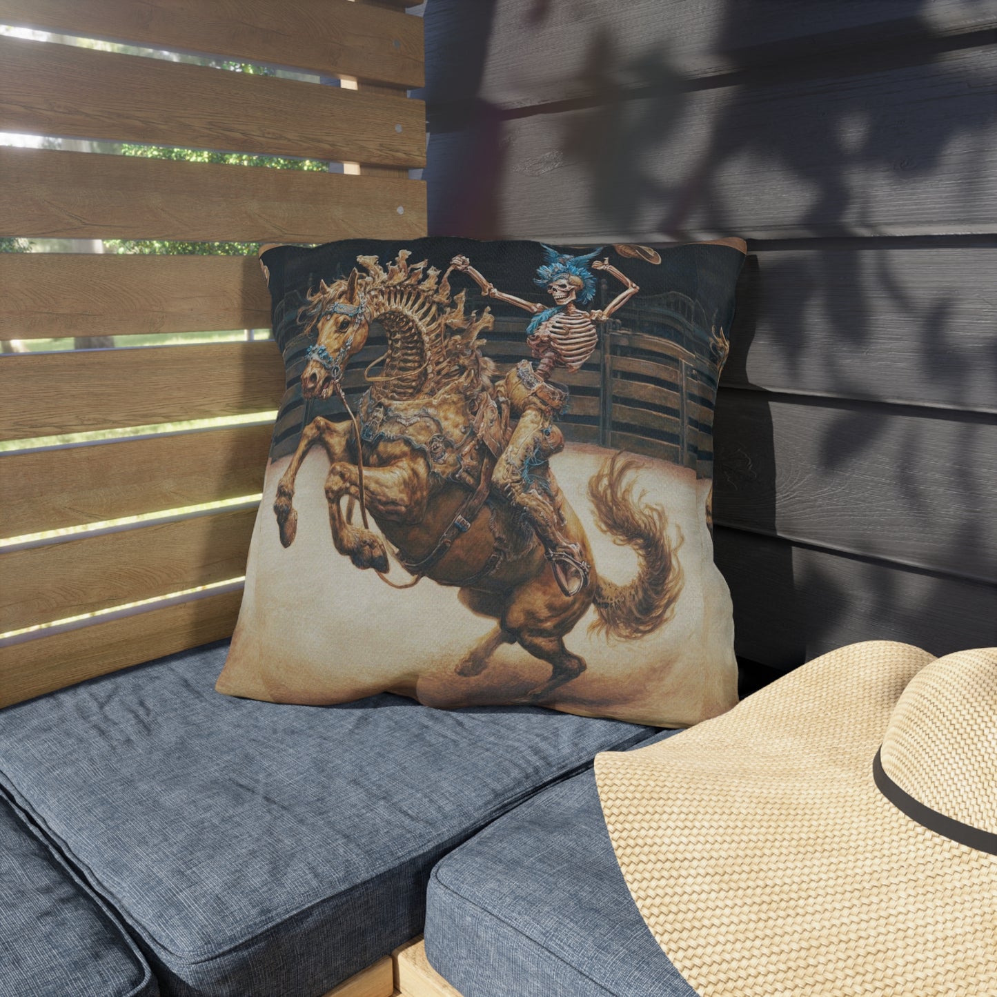 Skeleton Bucking Horse Cowboy Outdoor Pillow | Western Skull Rodeo Throw Pillow