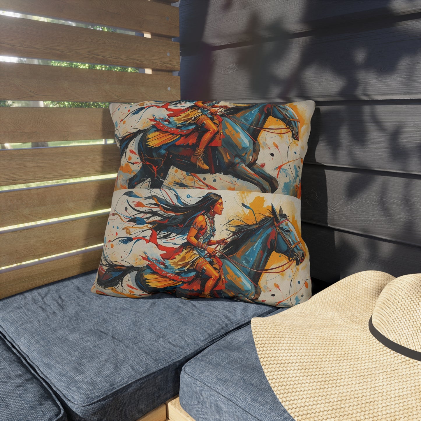 American Native Warrior Horse Outdoor Pillow — Colorful Western Accent Cushion