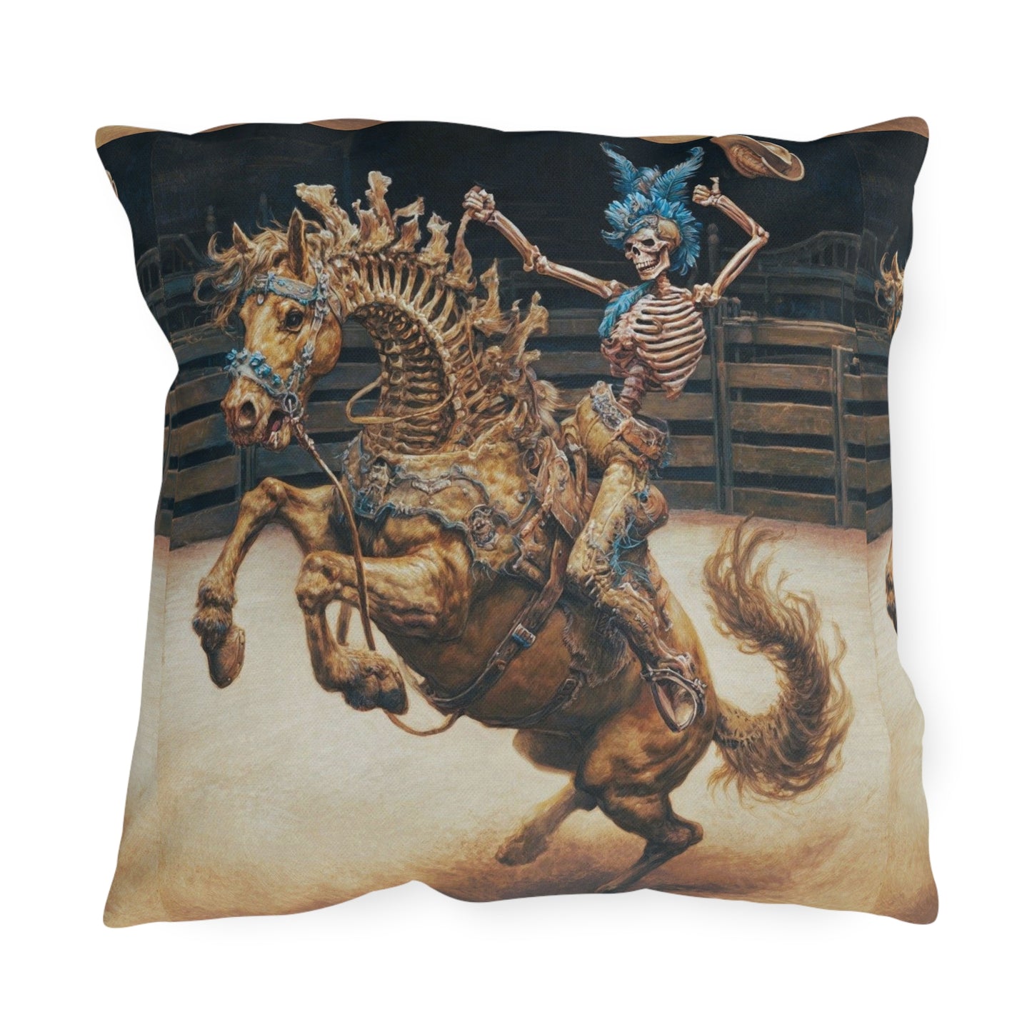 Skeleton Bucking Horse Cowboy Outdoor Pillow | Western Skull Rodeo Throw Pillow