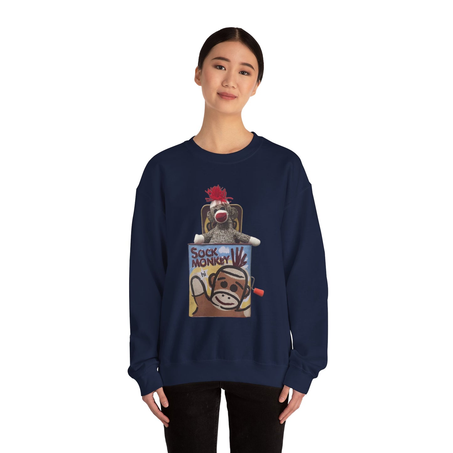 Vintage Sock Monkey Sweatshirt — Retro "Pop Goes the Weasel" Plush Design