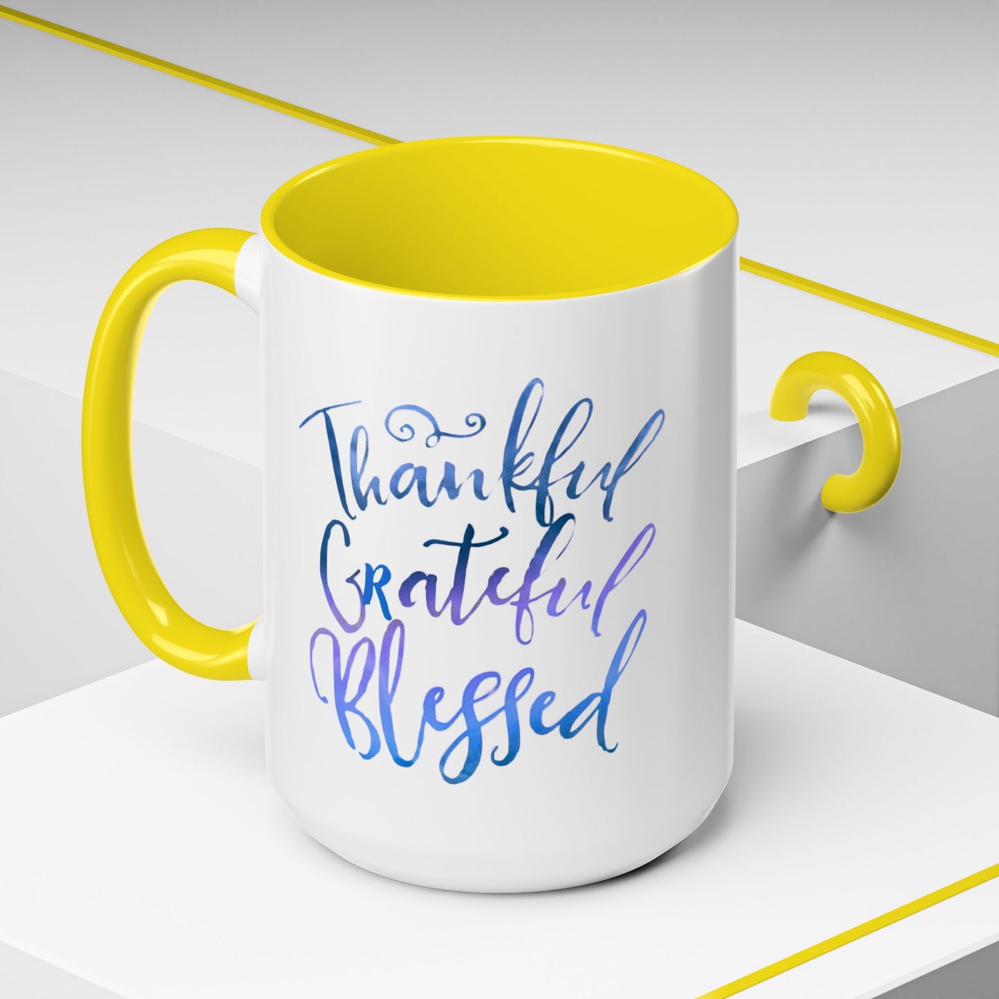 Thankful Grateful Blessed Accent Coffee Mug — Inspirational Ceramic Cup (11/15oz)