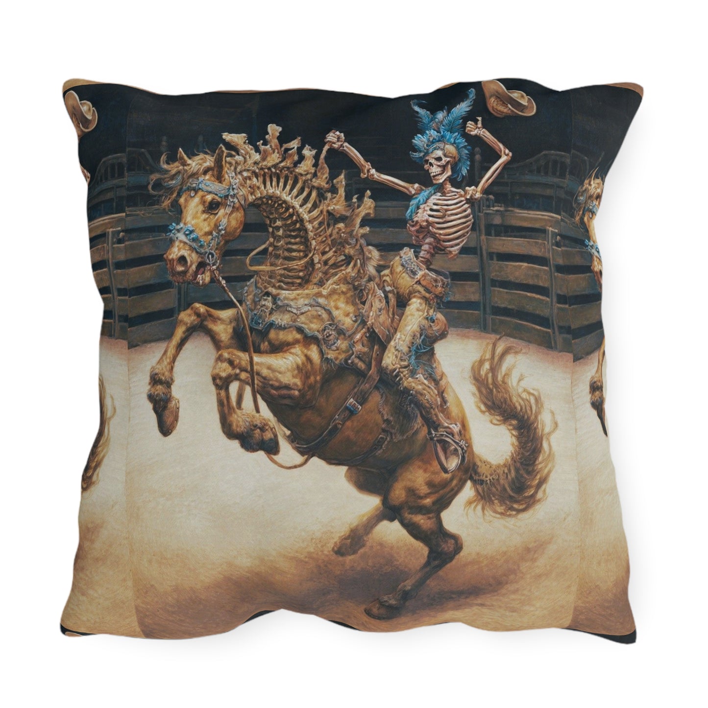 Skeleton Bucking Horse Cowboy Outdoor Pillow | Western Skull Rodeo Throw Pillow