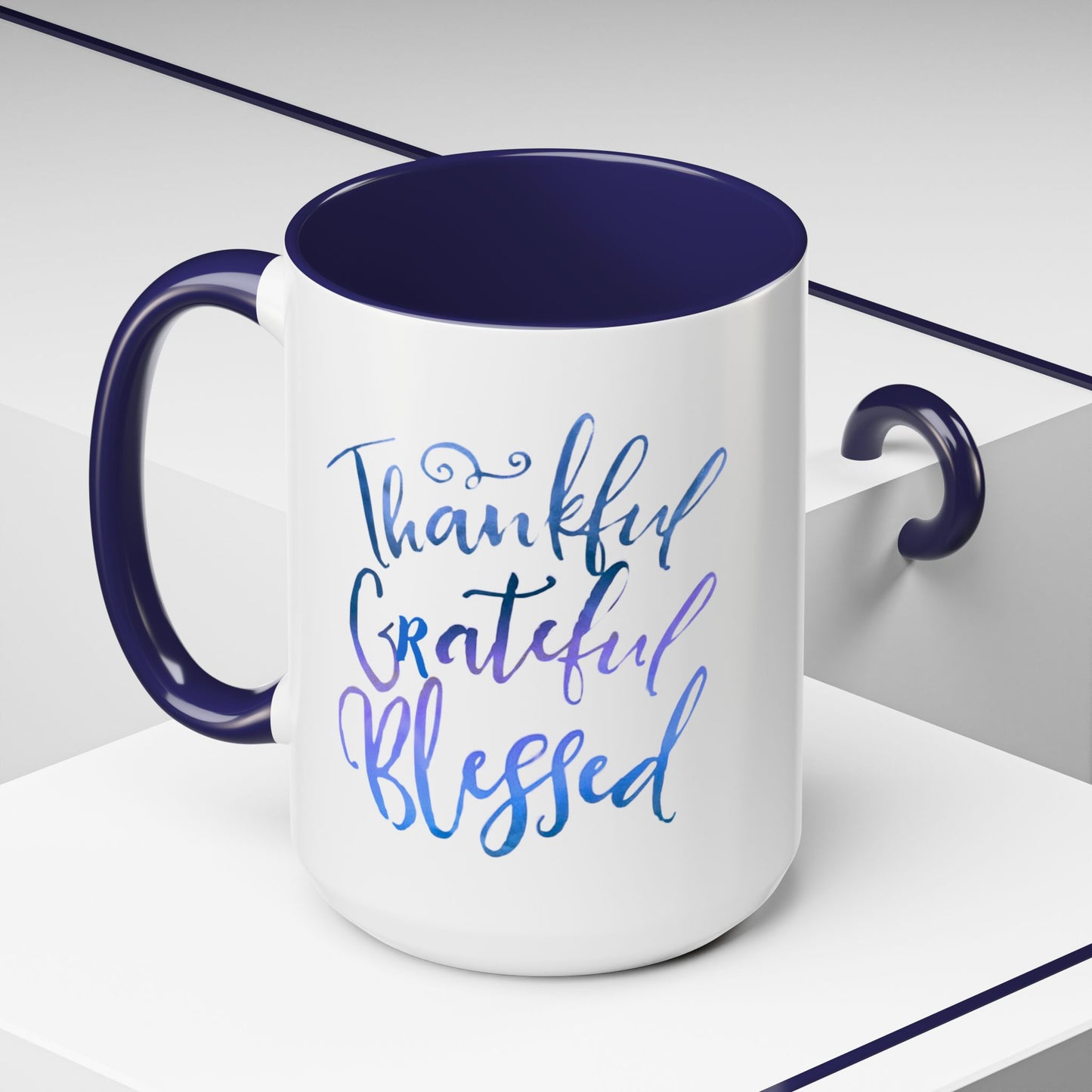 Thankful Grateful Blessed Accent Coffee Mug — Inspirational Ceramic Cup (11/15oz)