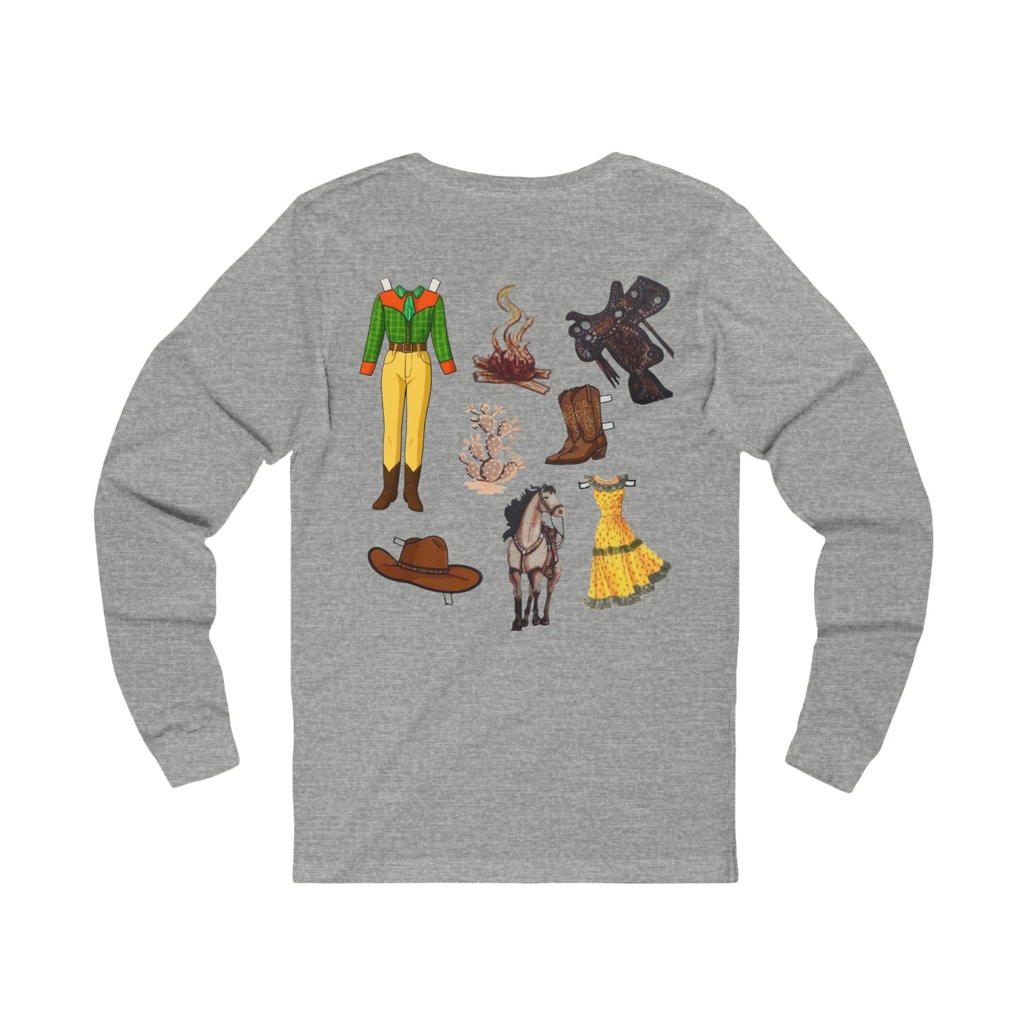 Dude Ranch Paper Doll Cut Out Vintage Western Long Sleeve Tee — Retro Cowboy Paper Doll Design