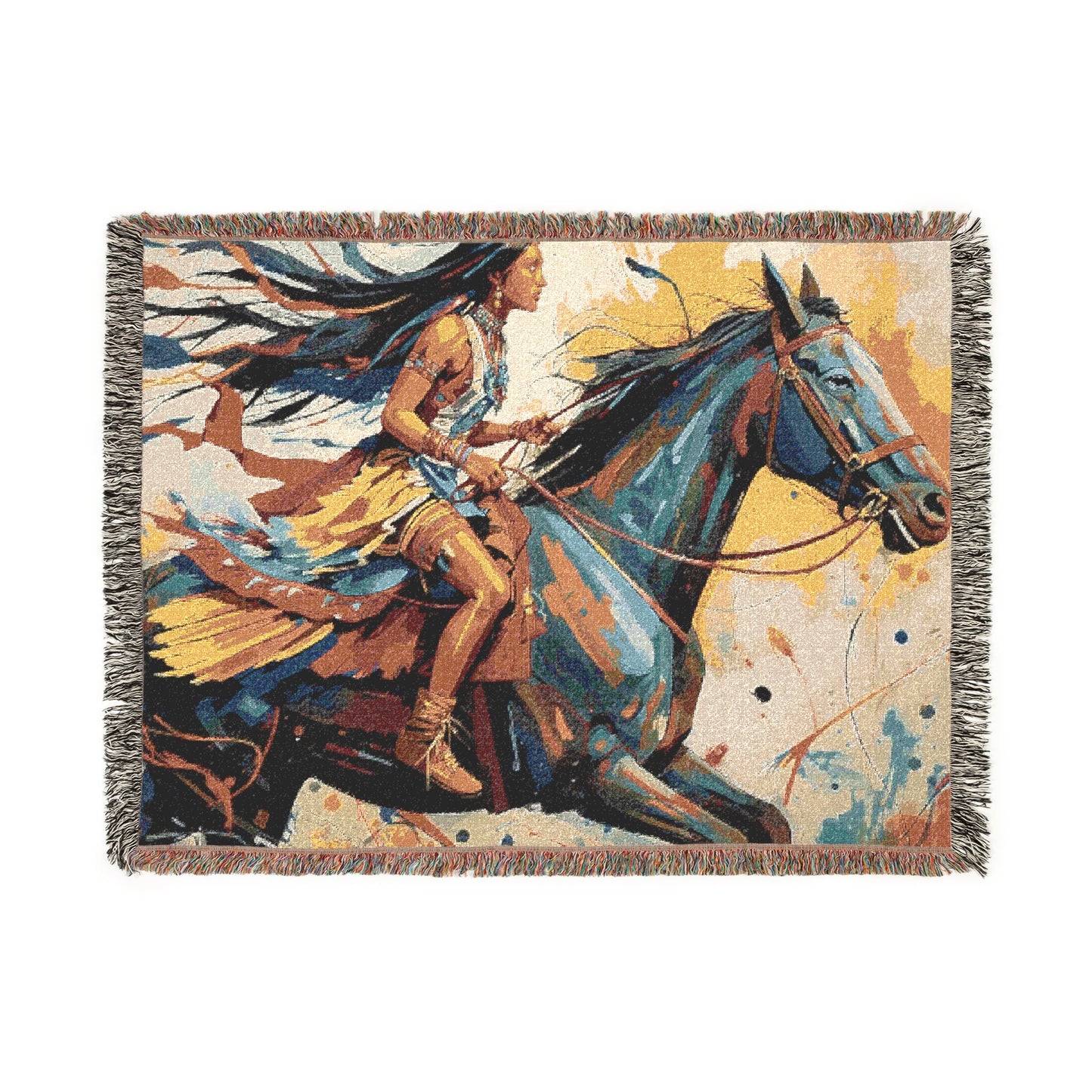 Native Indian Rider Abstract Woven Throw Blanket