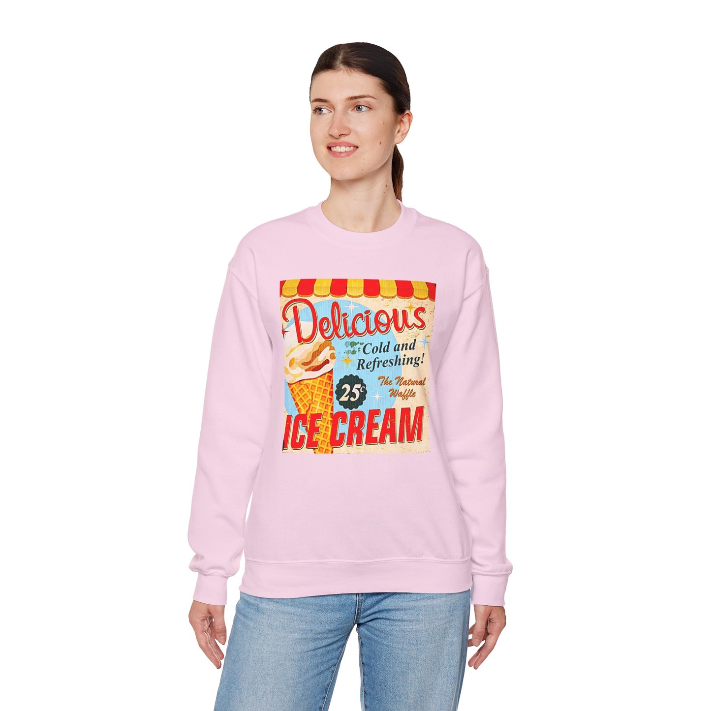 Ice Cream Vintage Sign Crewneck Sweatshirt — "Delicious Ice Cream 25" Retro Graphic