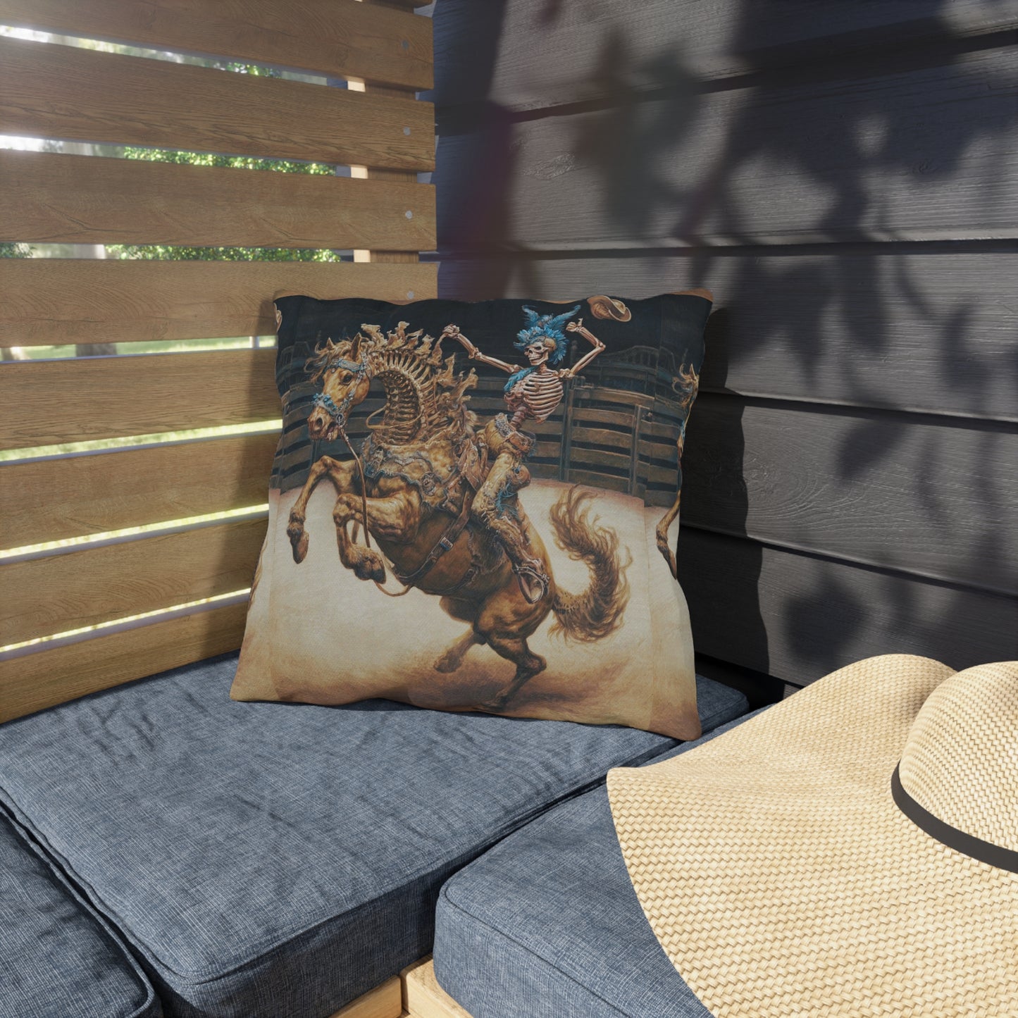 Skeleton Bucking Horse Cowboy Outdoor Pillow | Western Skull Rodeo Throw Pillow