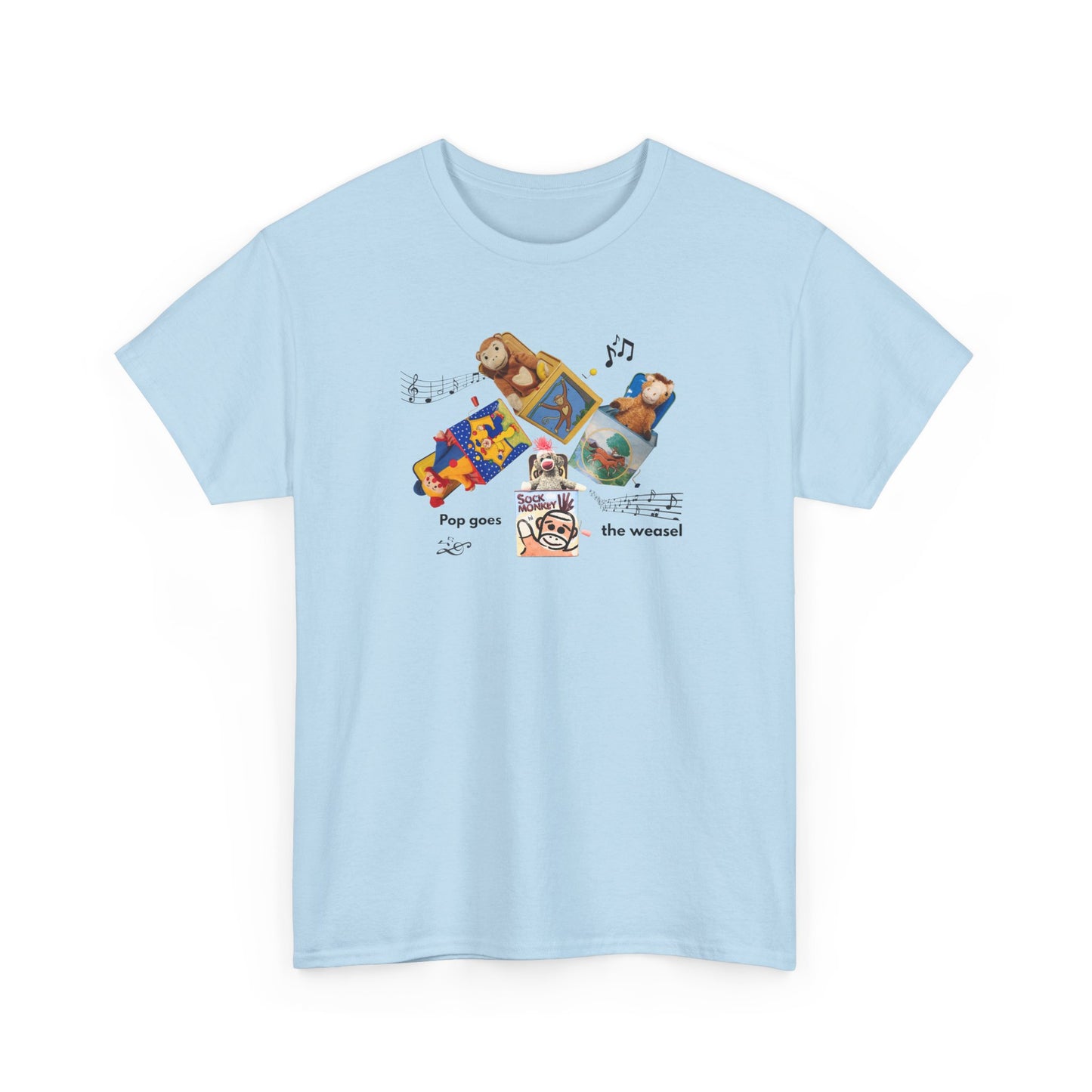 Sock Monkey Collage Tee — 'Pop Goes the Weasel' Retro Dog Music T-Shirt