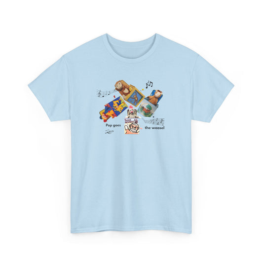 Sock Monkey Collage Tee — 'Pop Goes the Weasel' Retro Dog Music T-Shirt