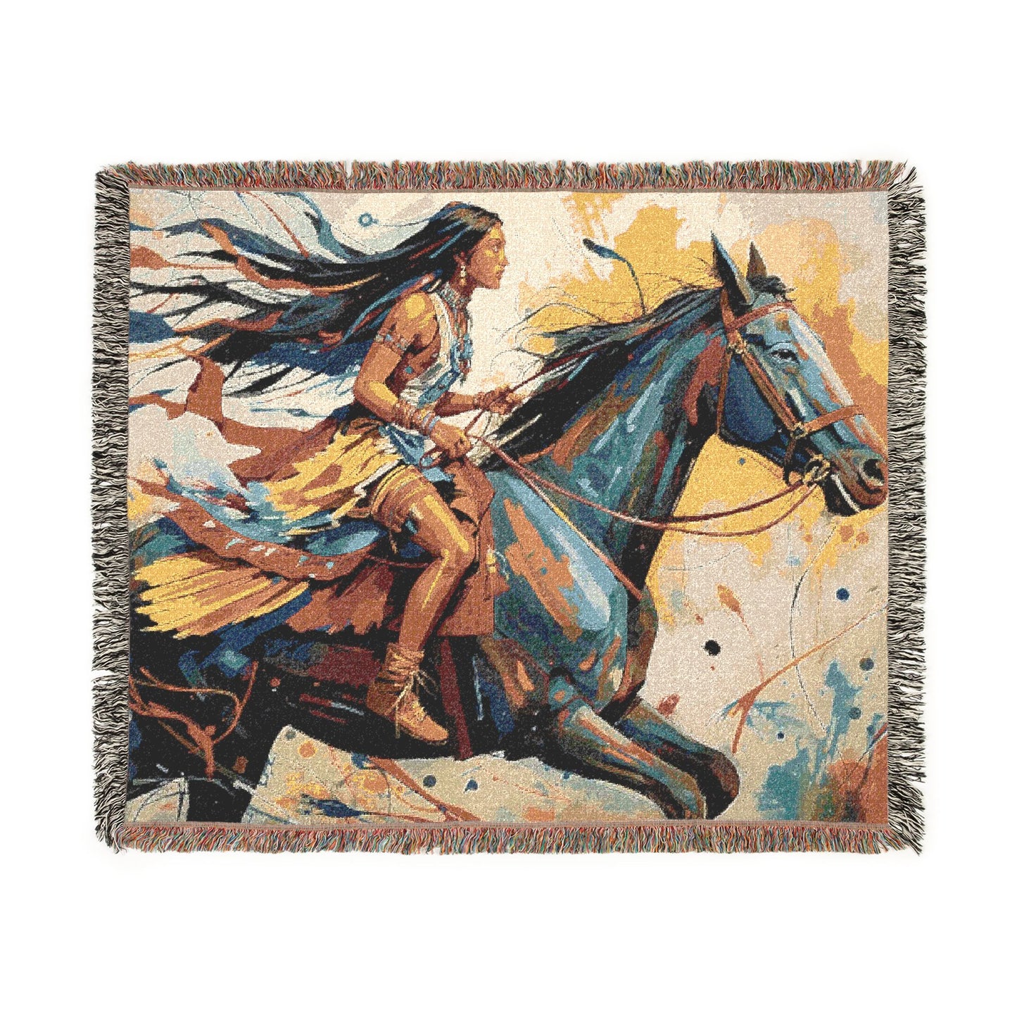 Native Indian Rider Abstract Woven Throw Blanket