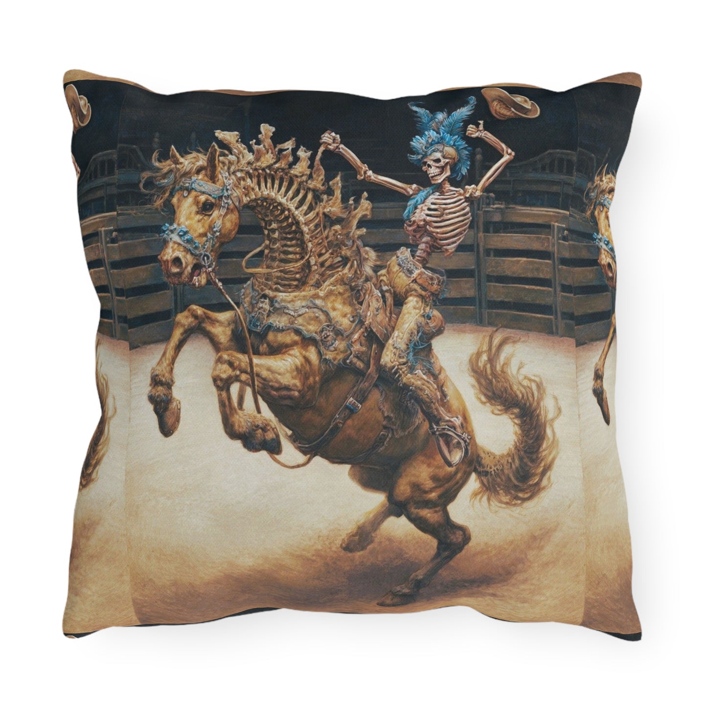 Skeleton Bucking Horse Cowboy Outdoor Pillow | Western Skull Rodeo Throw Pillow