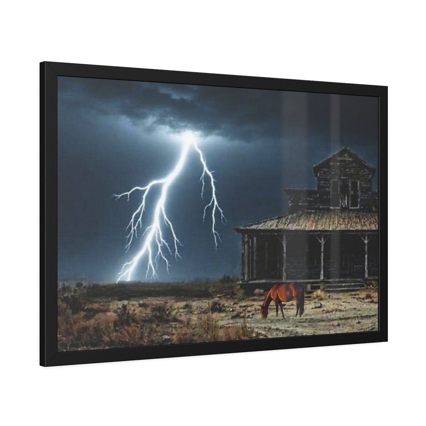 Framed Poster  Lone Horse & Abandoned House Lightning Plains