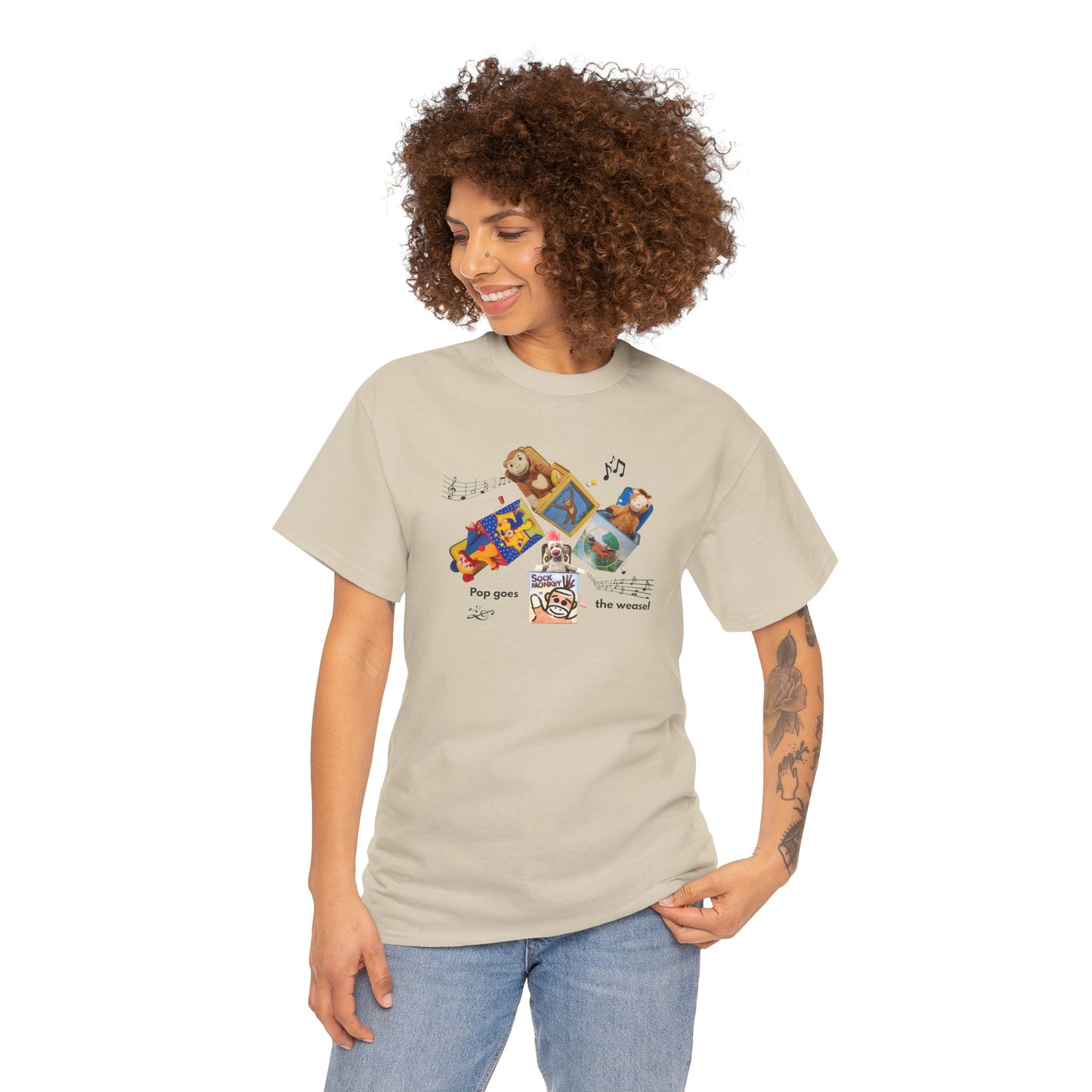 Sock Monkey Collage Tee — 'Pop Goes the Weasel' Retro Dog Music T-Shirt