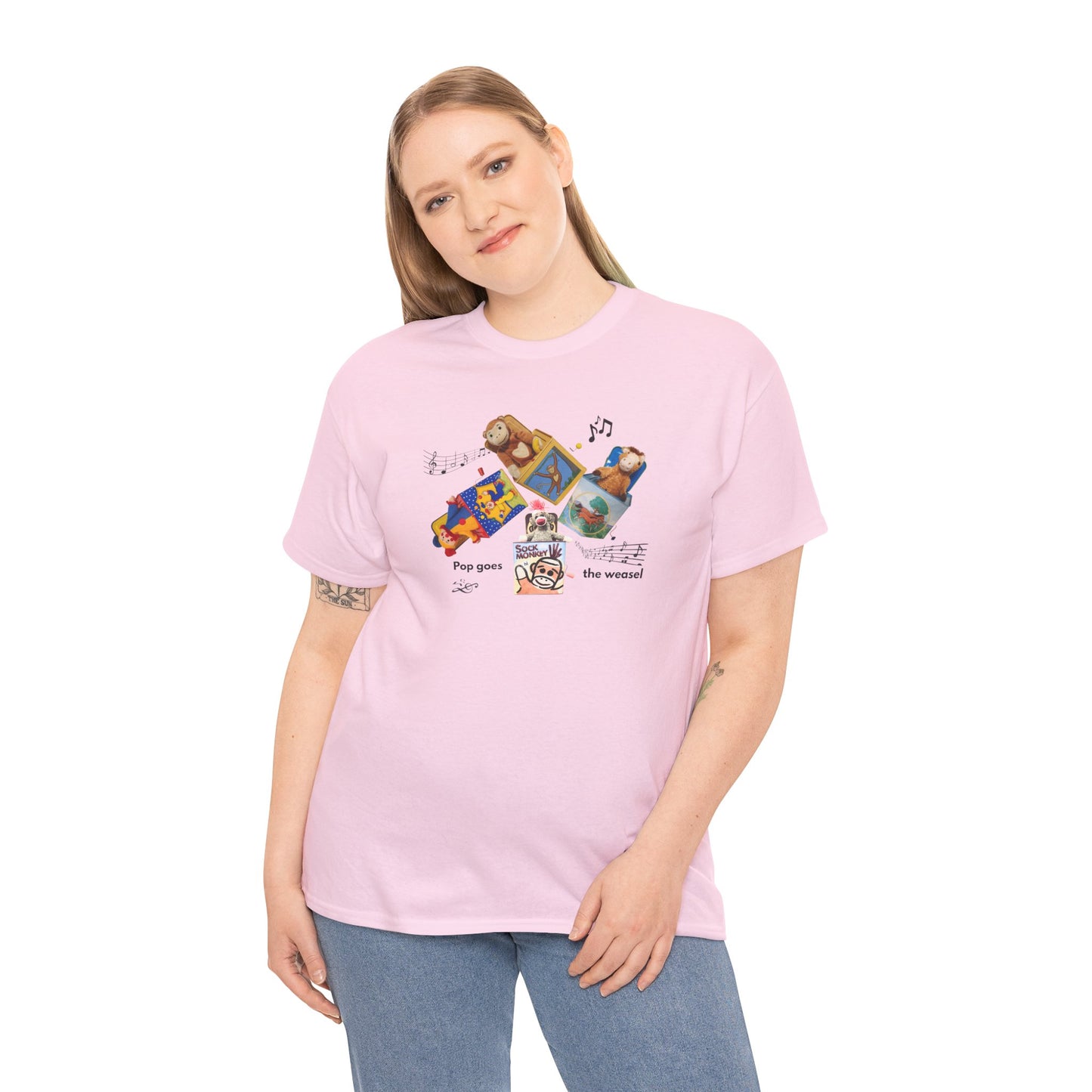 Sock Monkey Collage Tee — 'Pop Goes the Weasel' Retro Dog Music T-Shirt