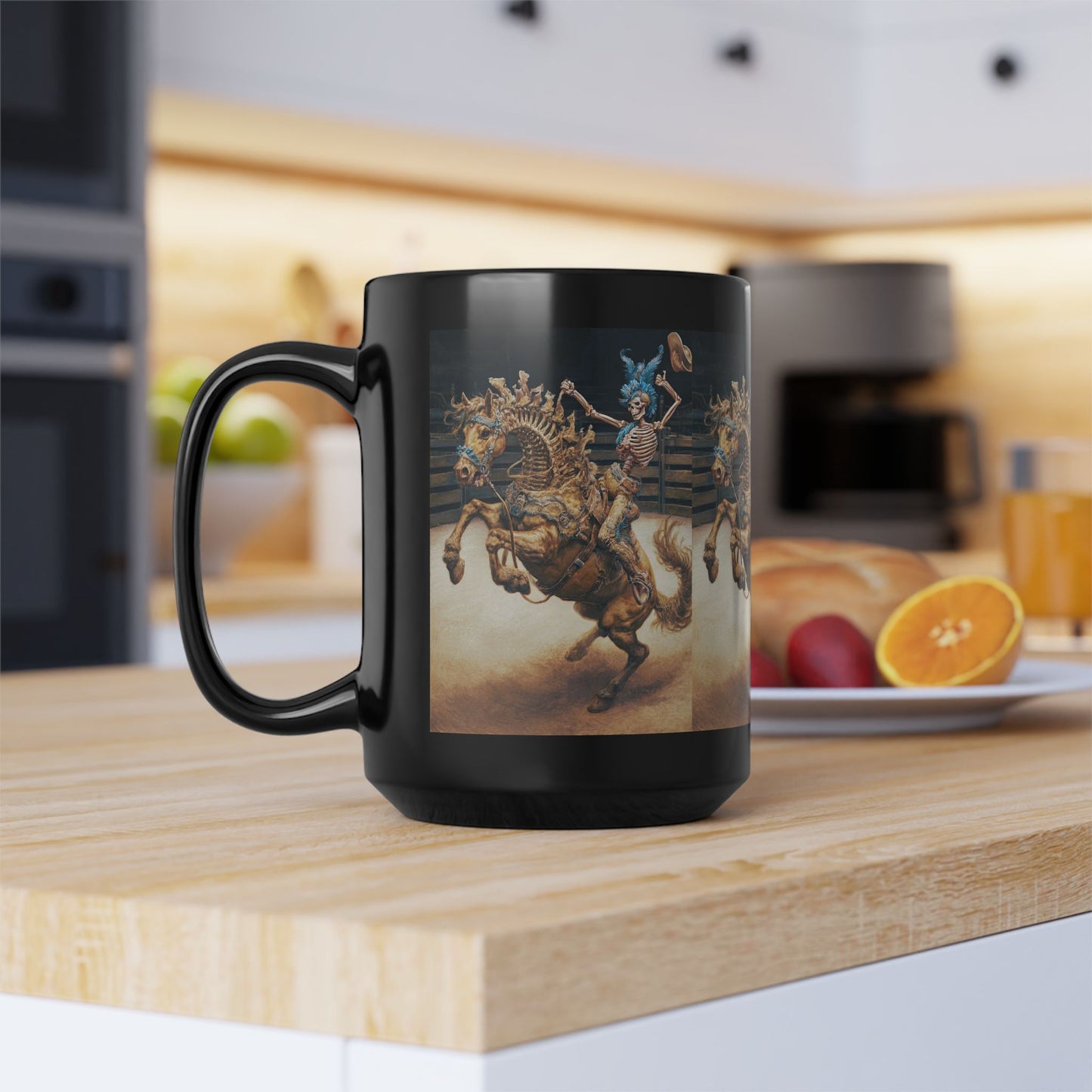 Skeleton Rodeo Bucking Horse Cowboy Mug — 15oz Black Ceramic Coffee Cup