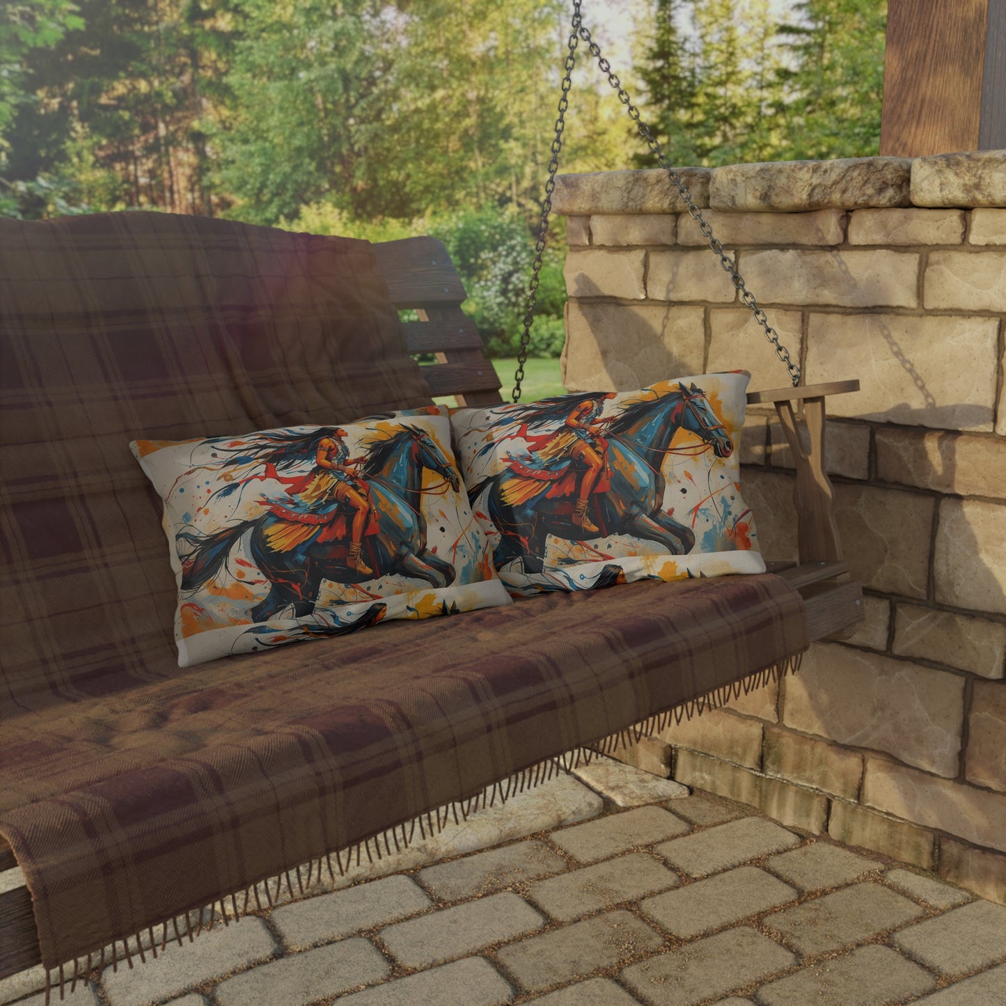 American Native Warrior Horse Outdoor Pillow — Colorful Western Accent Cushion