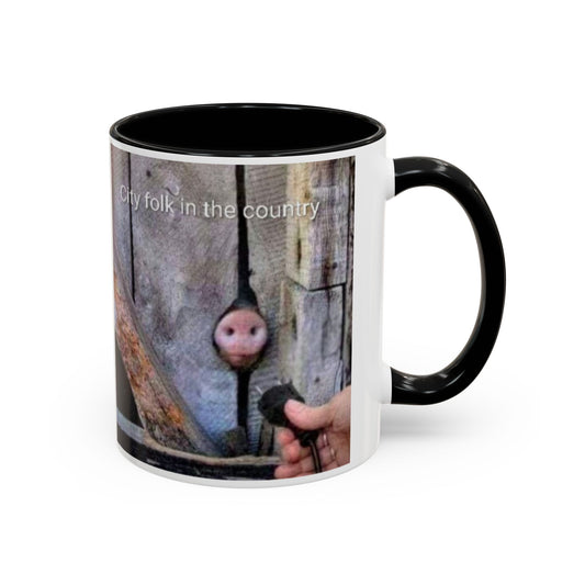 Accent Coffee Mug — “City folk in the country” Rustic Wooden Door Art Mug