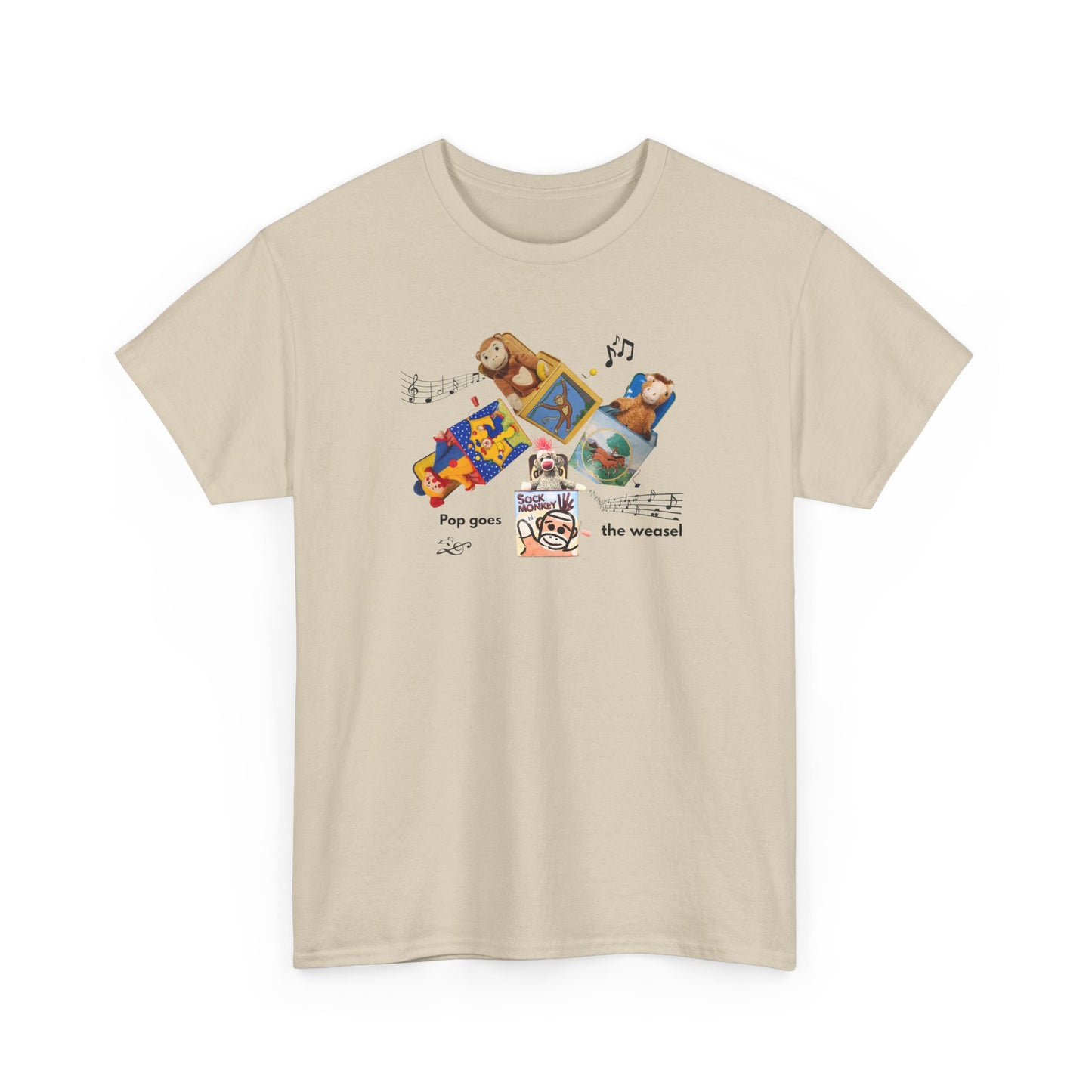 Sock Monkey Collage Tee — 'Pop Goes the Weasel' Retro Dog Music T-Shirt