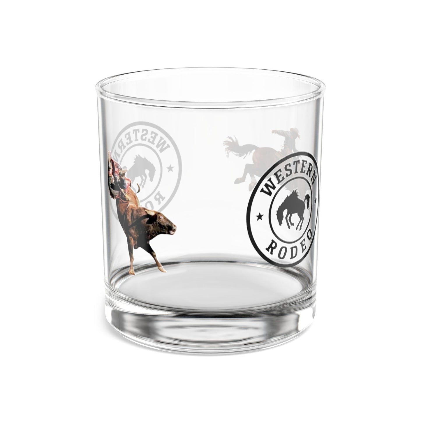 Western Rodeo 10oz Rocks Glass — Whiskey Tumbler with Bucking Horse and Bull Logo